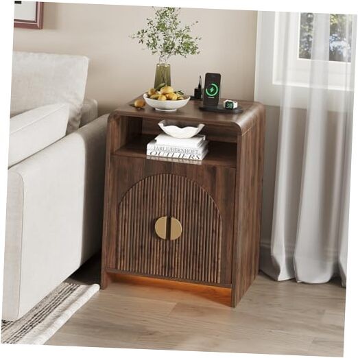 Nightstand with Charging Station and LED Lights, Night Stands with 1 Walnut