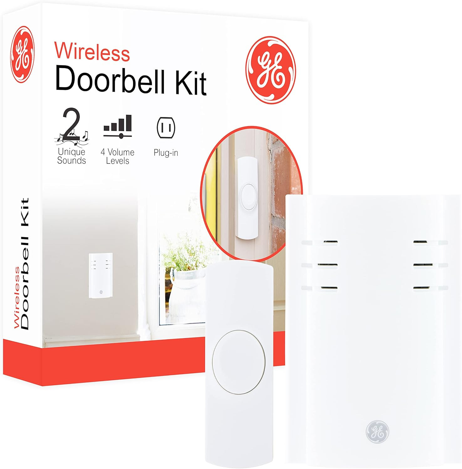 GE Wireless Doorbell Kit, Plug-In Receiver, 1 Push Buttons Door Bell, 2 Melodies
