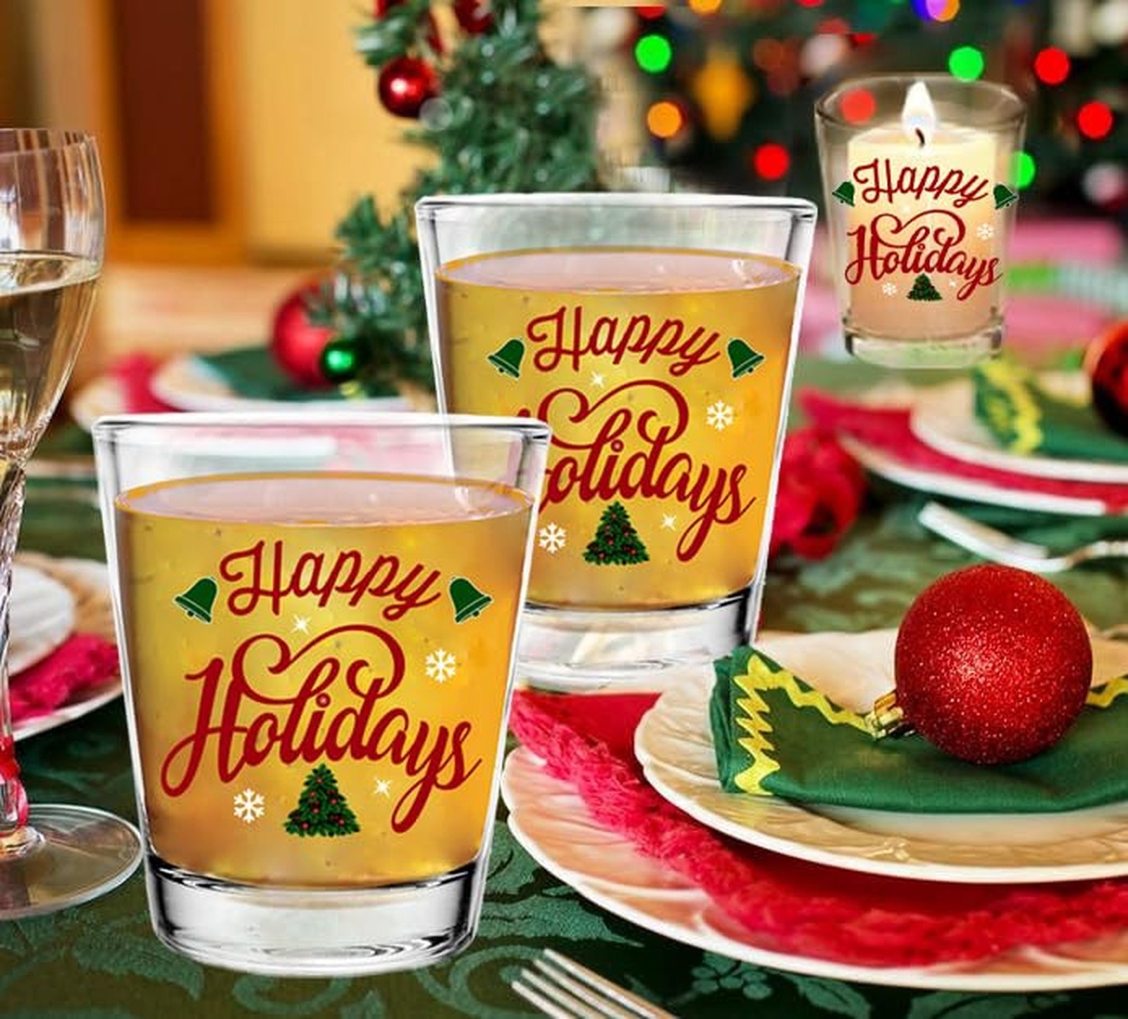 christmas Shot Glass Gift Set -Happy Holidays- Glasses Drinkware or Votive Ca...
