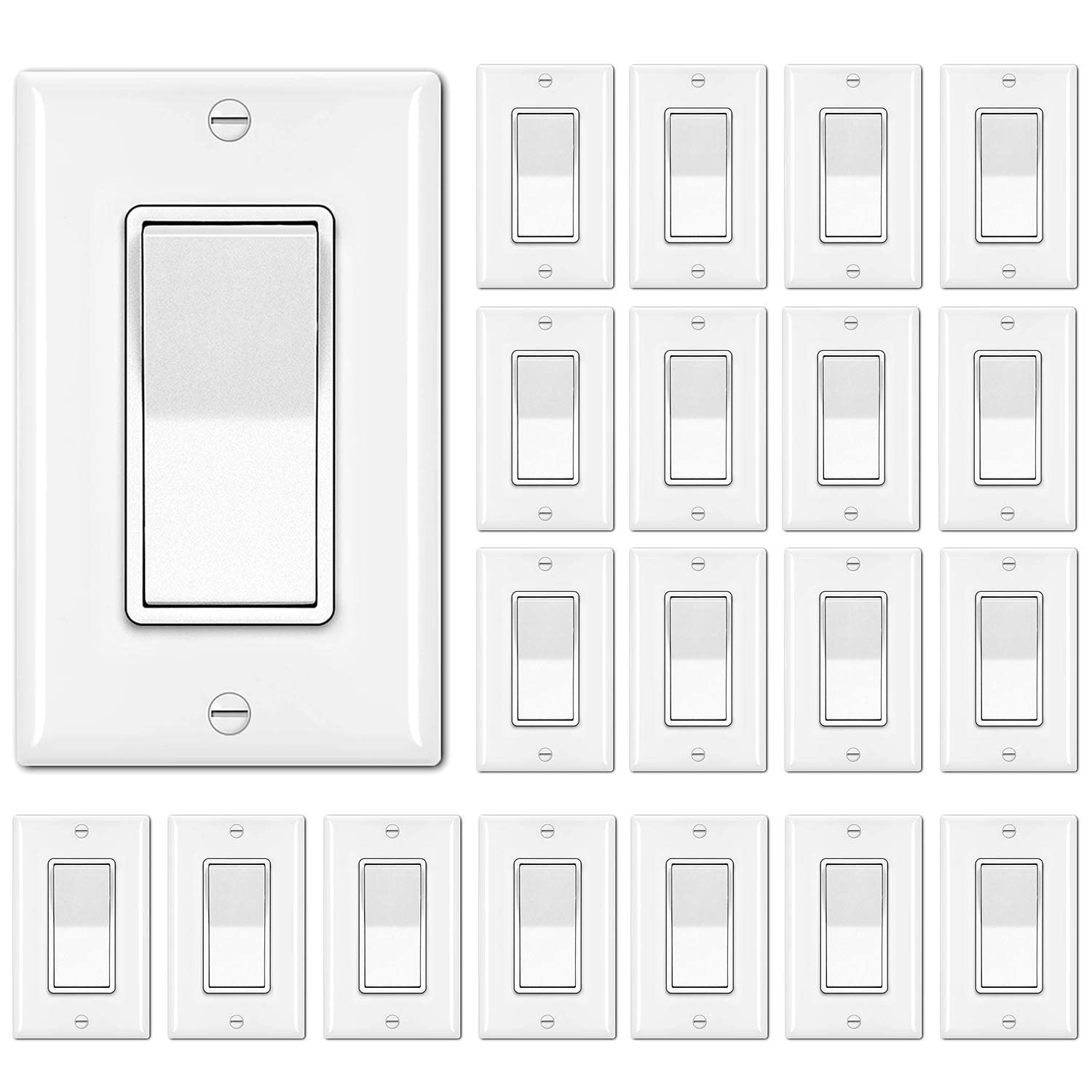 BESTTEN 20 Pack Single Pole Decorator Wall Light Switch with Wallplate, 15A 120/