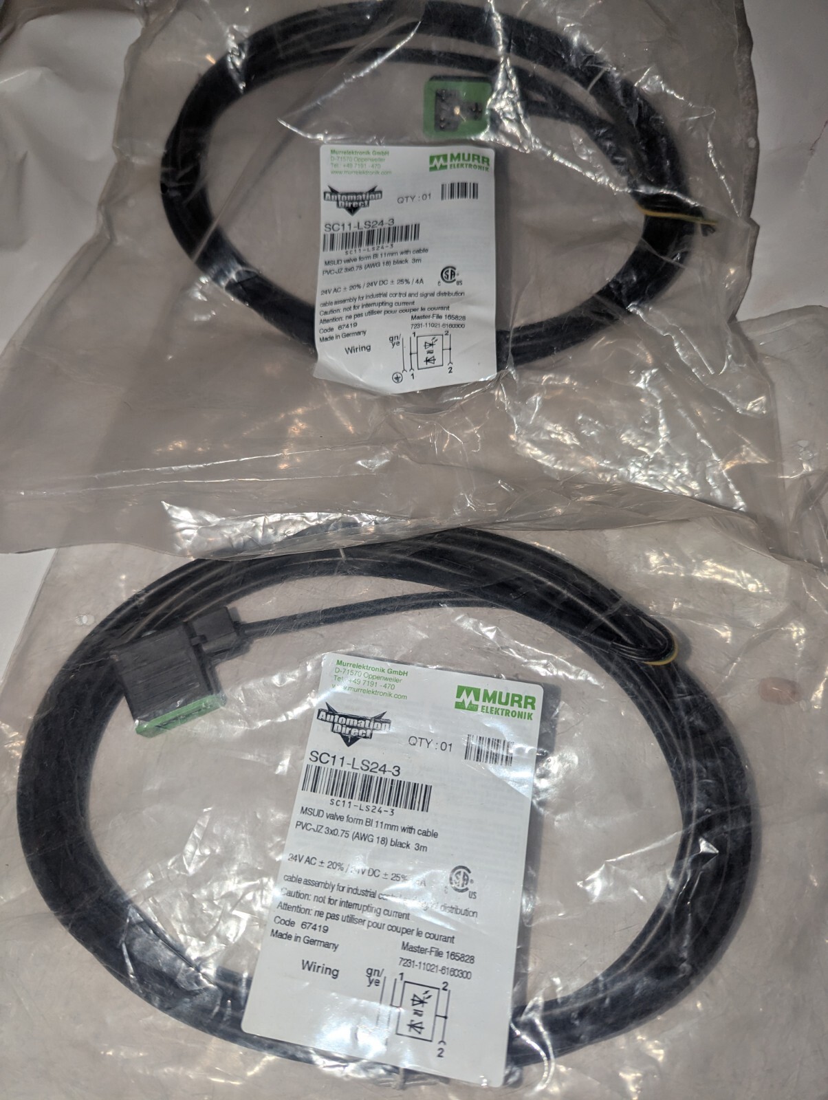 NEW LOT OF 2 MURR ELEKTRONIK AUTOMATION DIRECT SC11-LS24-3 SOLENOID CABLE 3M 24V
