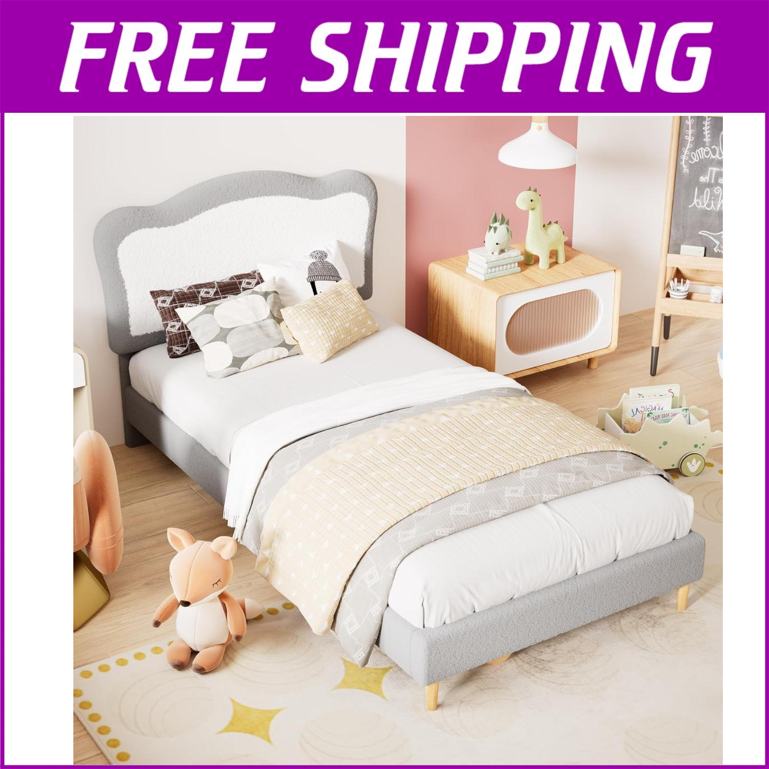 ✨Velvet Upholstered Twin Bed Frame for Kids w/Headboard Slats Sturdy Platform Be