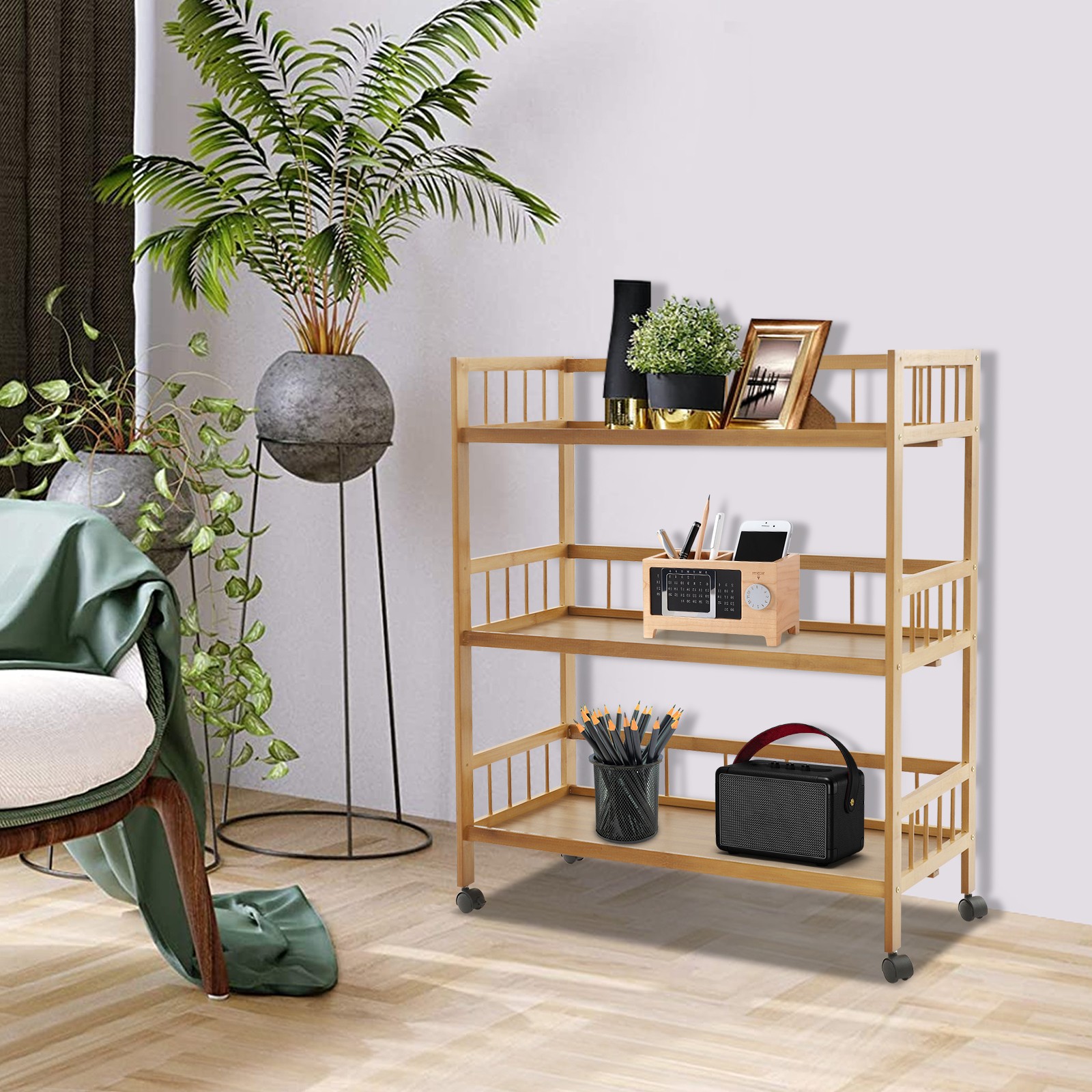 3Tier Bamboo Rolling Storage Cart with Lockable Wheels, Narrow Organizer Trolley