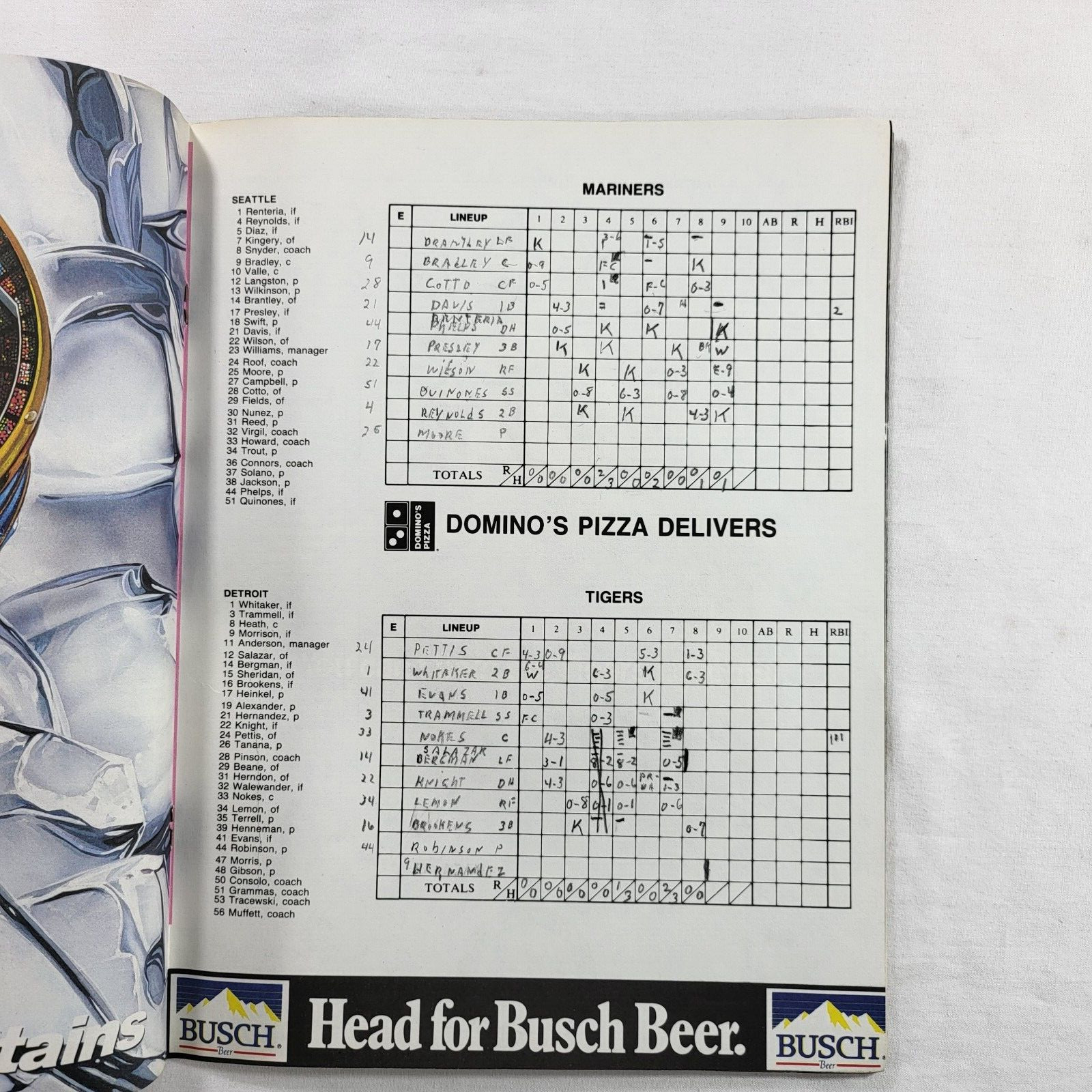 Detroit Tigers 1988 Scorebook & Official Program vs Seattle Mariners