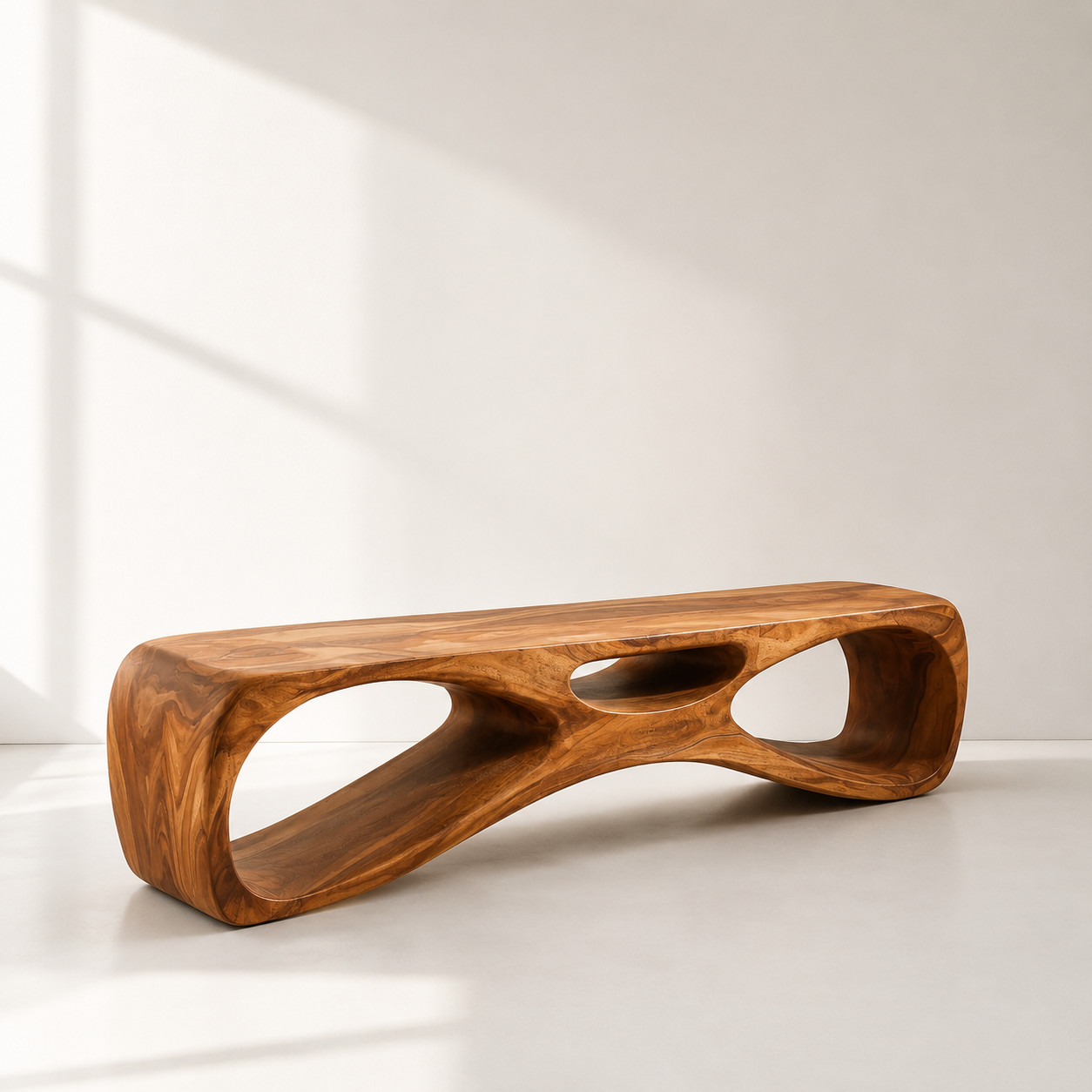 Tri-Cutout Bench Modern Sculptural Entryway Seating Stand Genuine Solid Wood