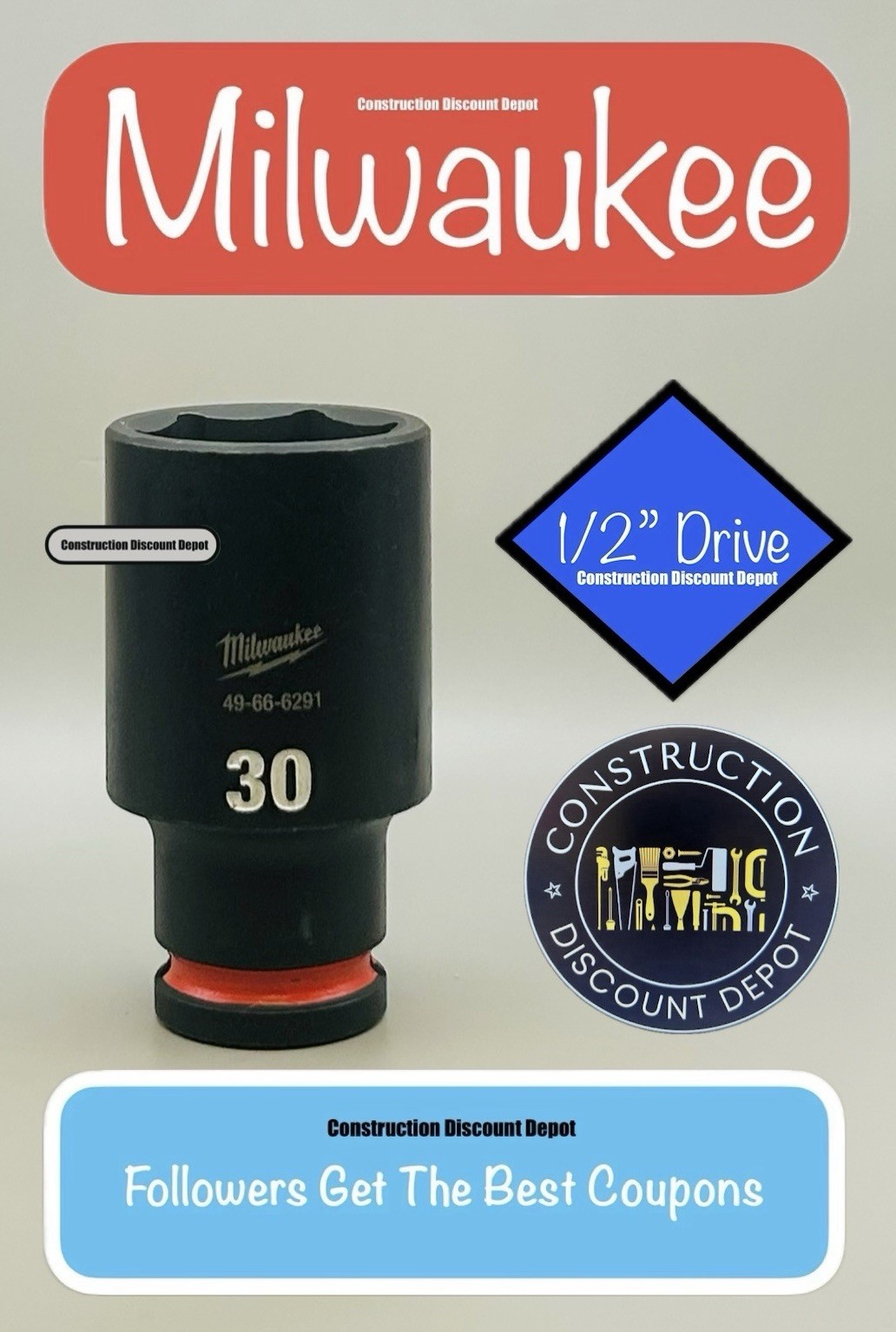 Milwaukee 49-66-6291 30MM Shockwave Impact Duty 1/2 In. Drive Deep Socket 30 mm