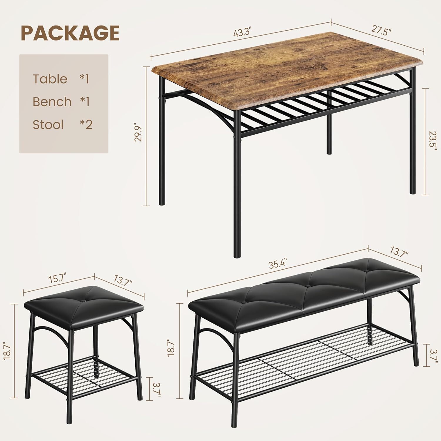 Dining Table Set for 4 with Upholstered Benches and Stools Kitchen Table Storage