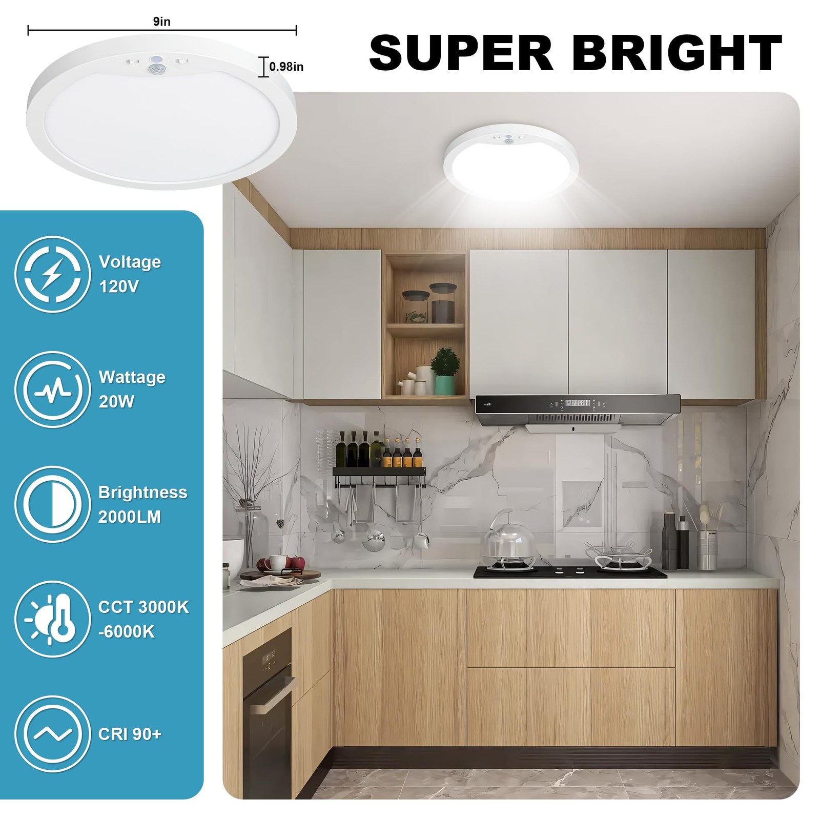 Hard-Wired Motion Sensor Ceiling Lights, 9in 20W Flush Mount 2 Packs, White