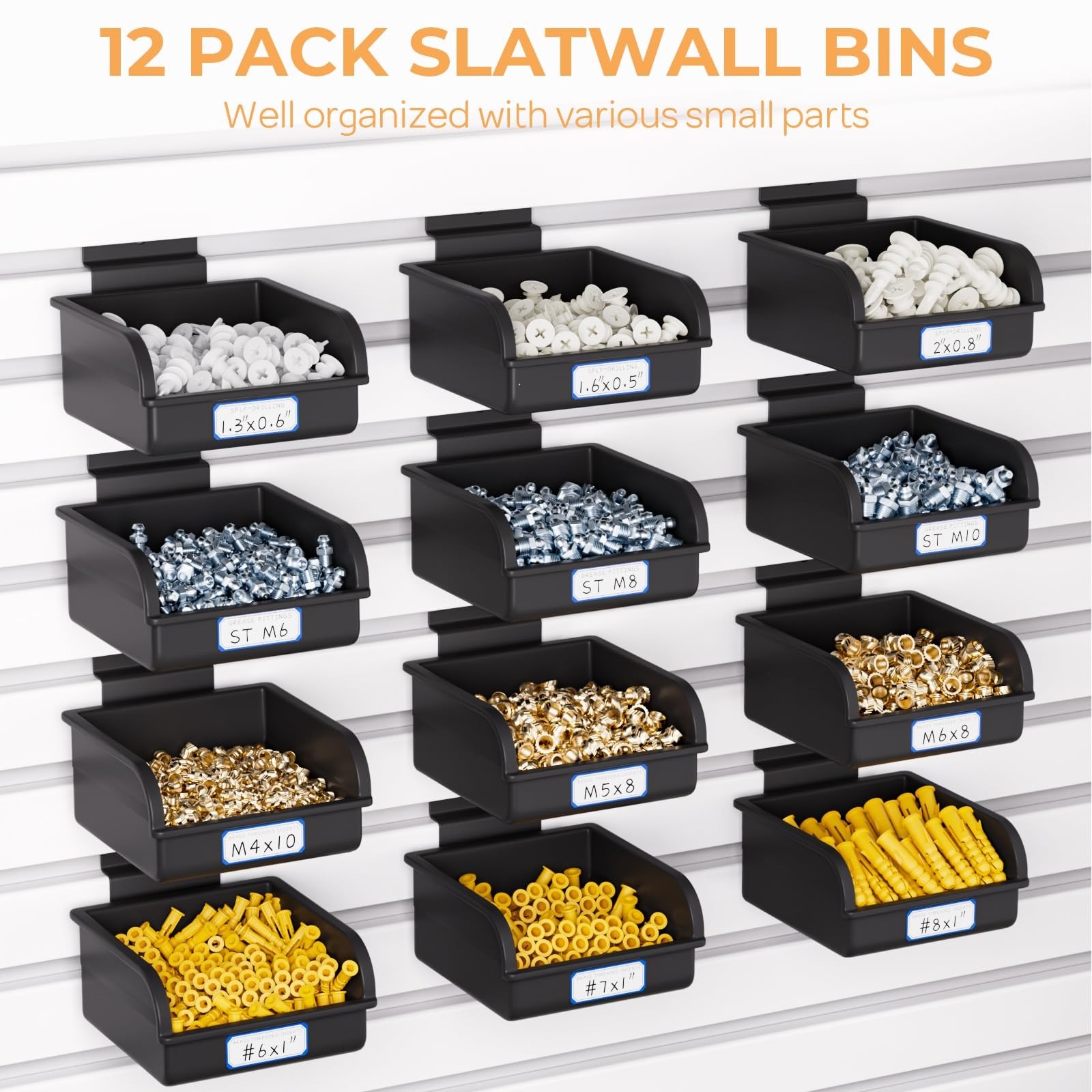 12 Pack Slatwall Bins with Hooks - Plastic Storage Containers for Garage, Craft,