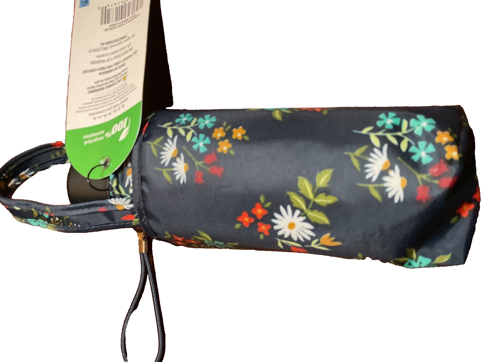 TOTES WOMEN'S UMBRELLA MINI FLOWERS BLACK BLUE 6 inches MANUAL OPEN CLOSE NWT