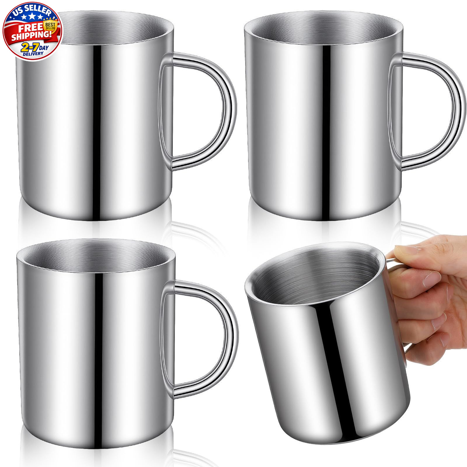 4 PCS Stainless Steel Cups Mit Handle, 10oz/300ml Metal Double Large, Silver