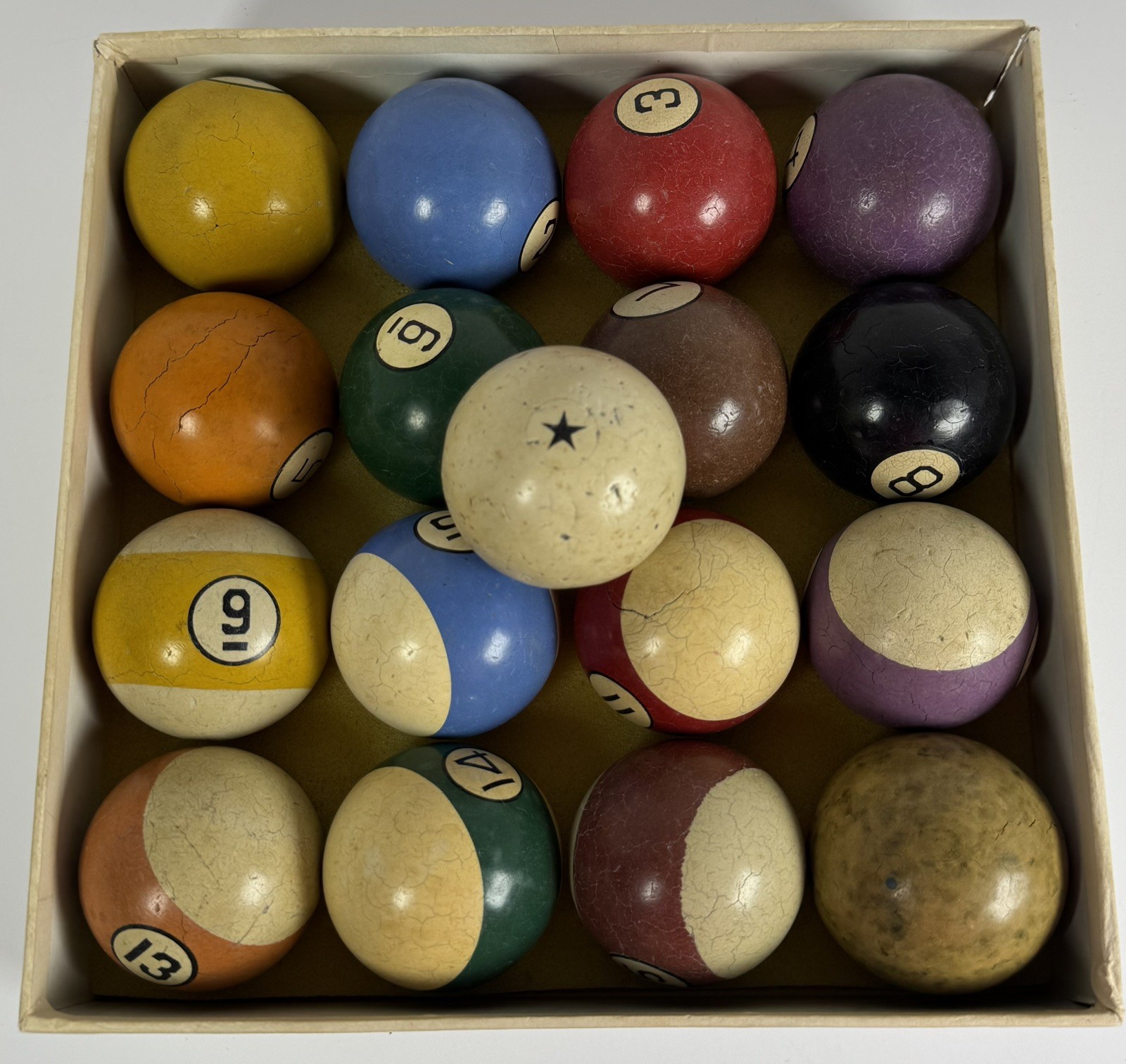 Vintage Antique Clay Billiard Pool Balls 16 Ball Set + 1 Extra Star Cue Ball Box