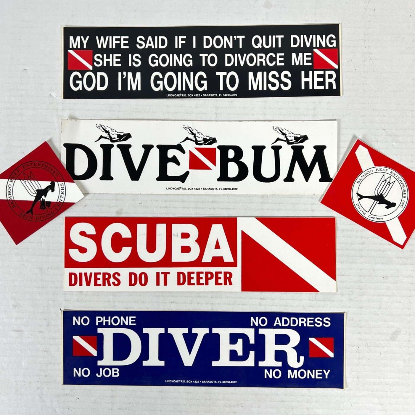 Scuba Diver 6 Vintage Bumper Sticker Lot Dive Bum Do It Deeper Wife Said No Job