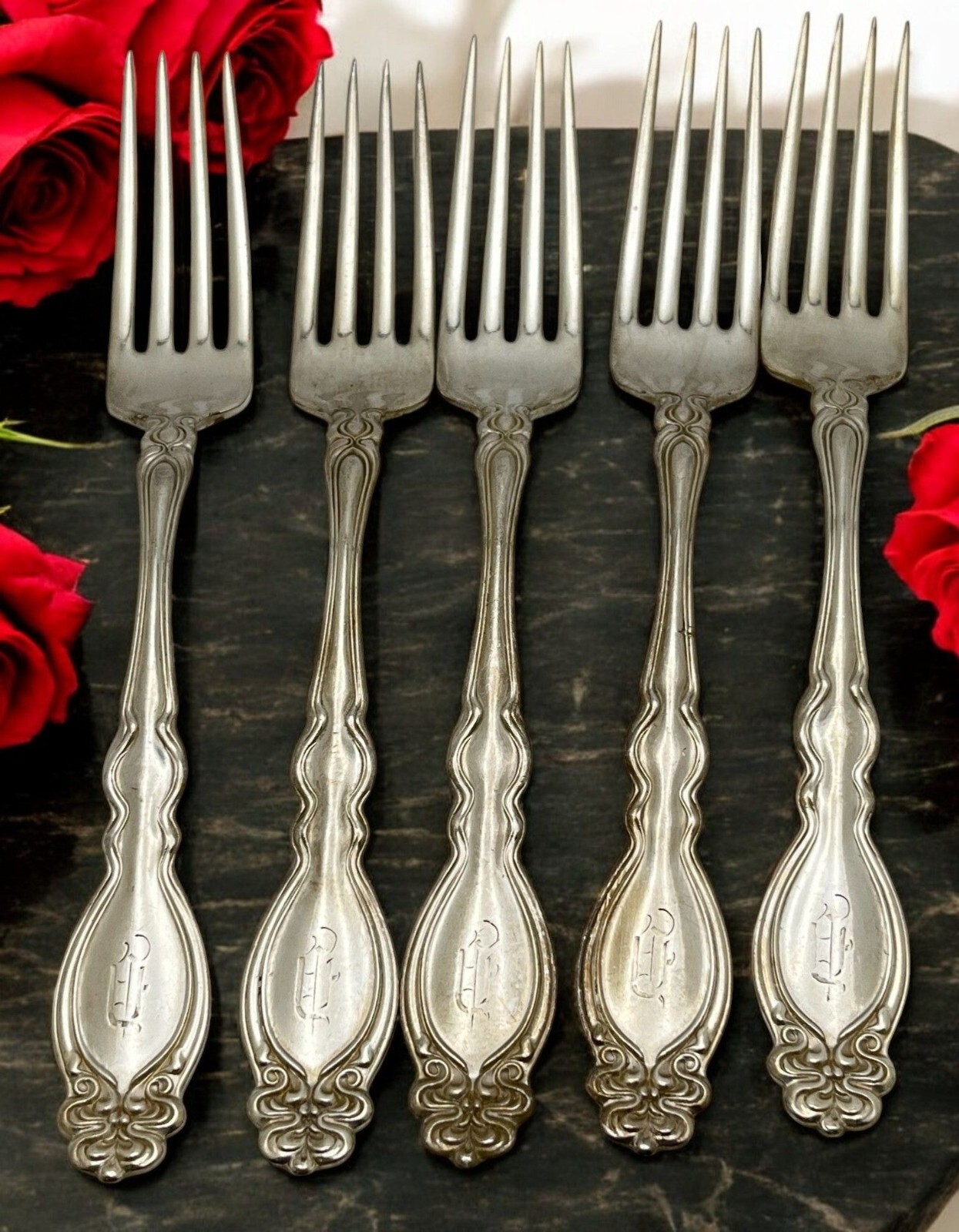Vintage Holmes & Edwards Salad Forks Set of 5 Chalon Chatsworth Monogrammed