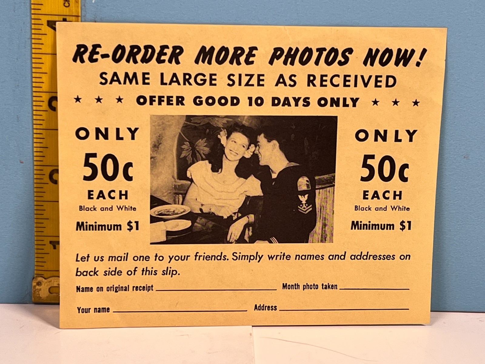 1940's Wartime Photograph Re-Order Offer w/Picture of Serviceman on Ad 4x5