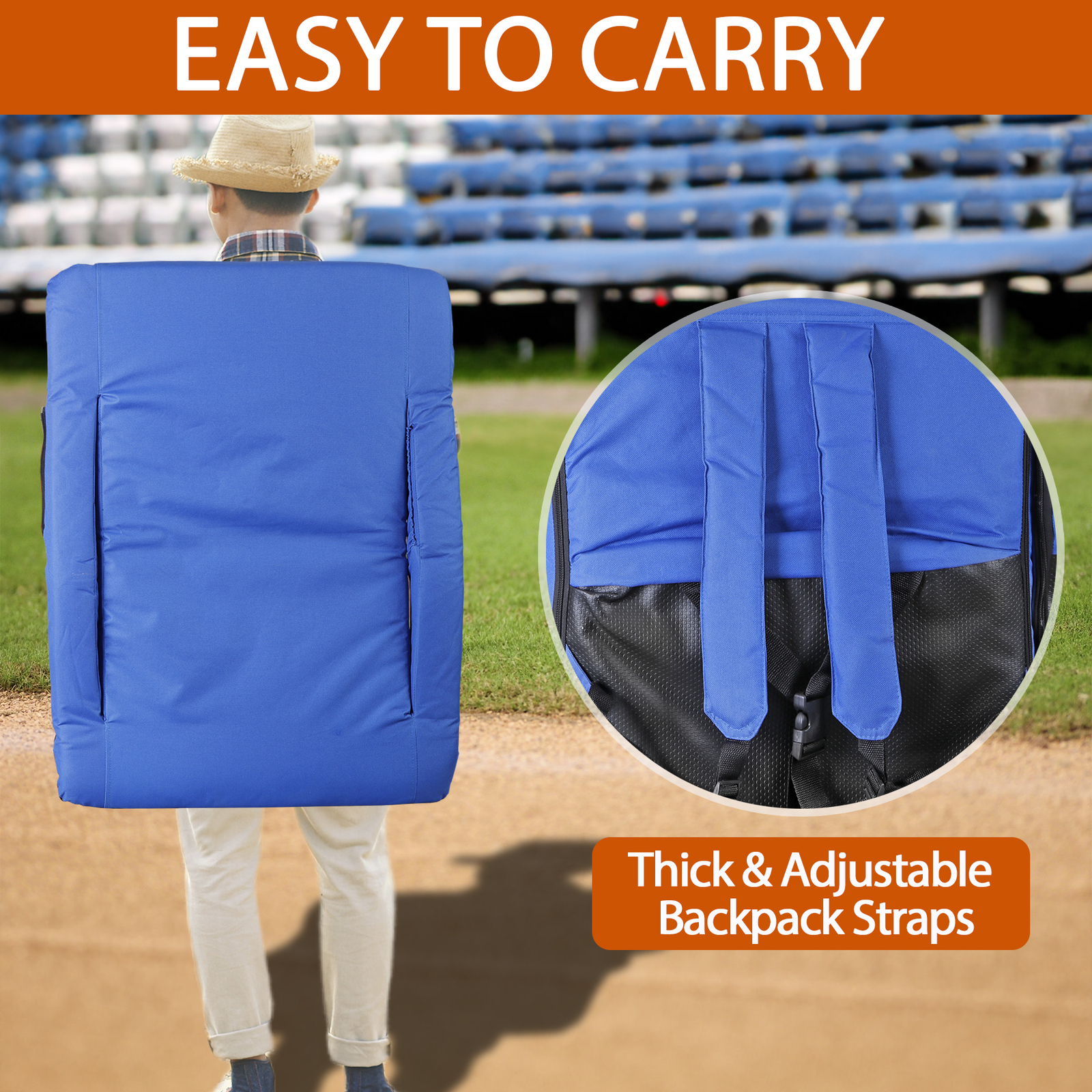 2X Blue Bleacher Chairs Easy Carry Stadium Seats Padded Cushion W/ Backs Pocket