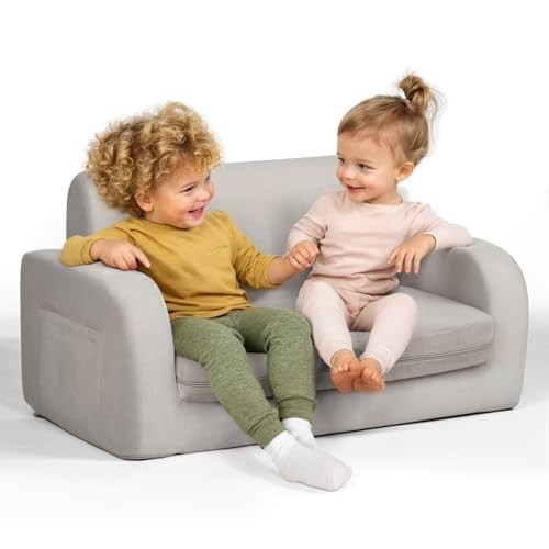 3-in-1 Extra Wide Convertible Kids Couch, Flip Open Toddler Couch Gray Crystal