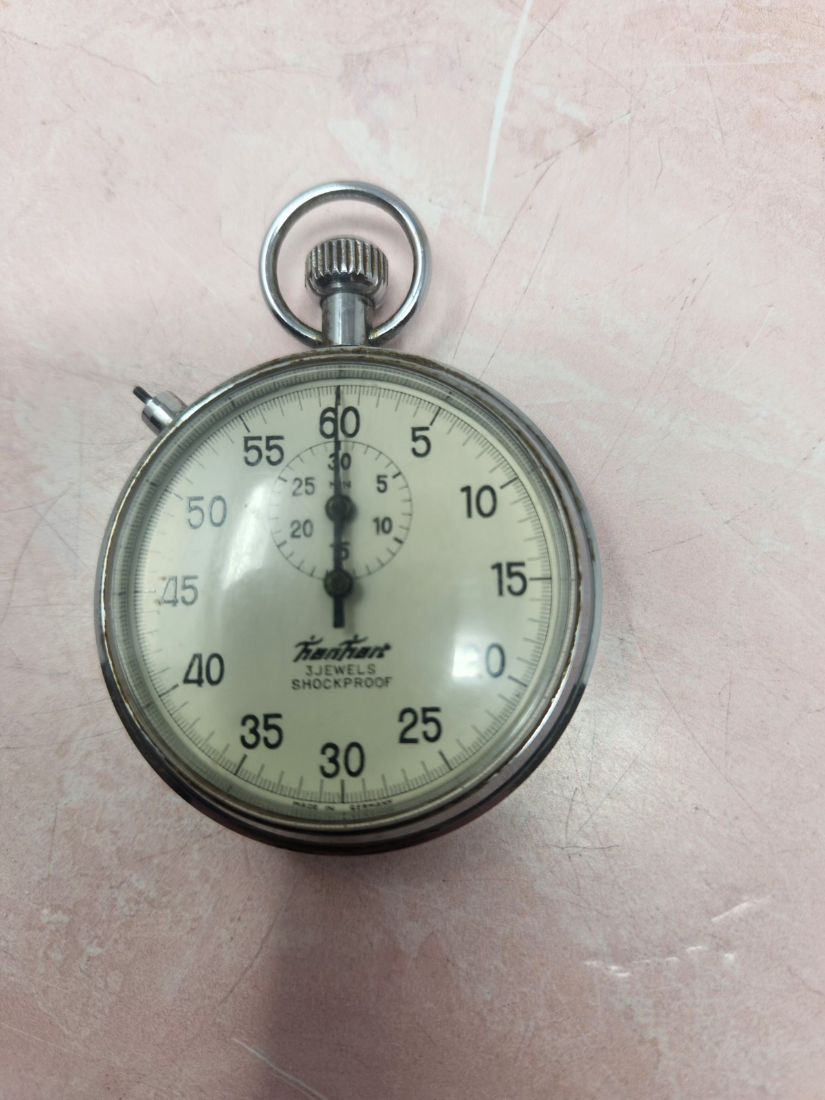 German Hanhart 3 Jewel Stopwatch  Works Perfect Missing Chrome Button Cover