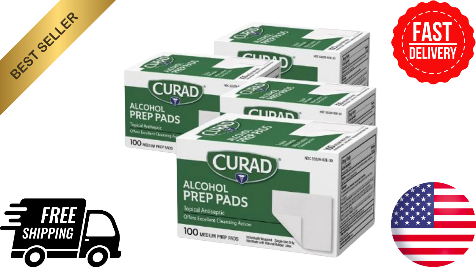 Curad Alcohol Prep Pads Swabs Wipes - 4Box 400 Counts Isopropyl Wipes Thick Pad
