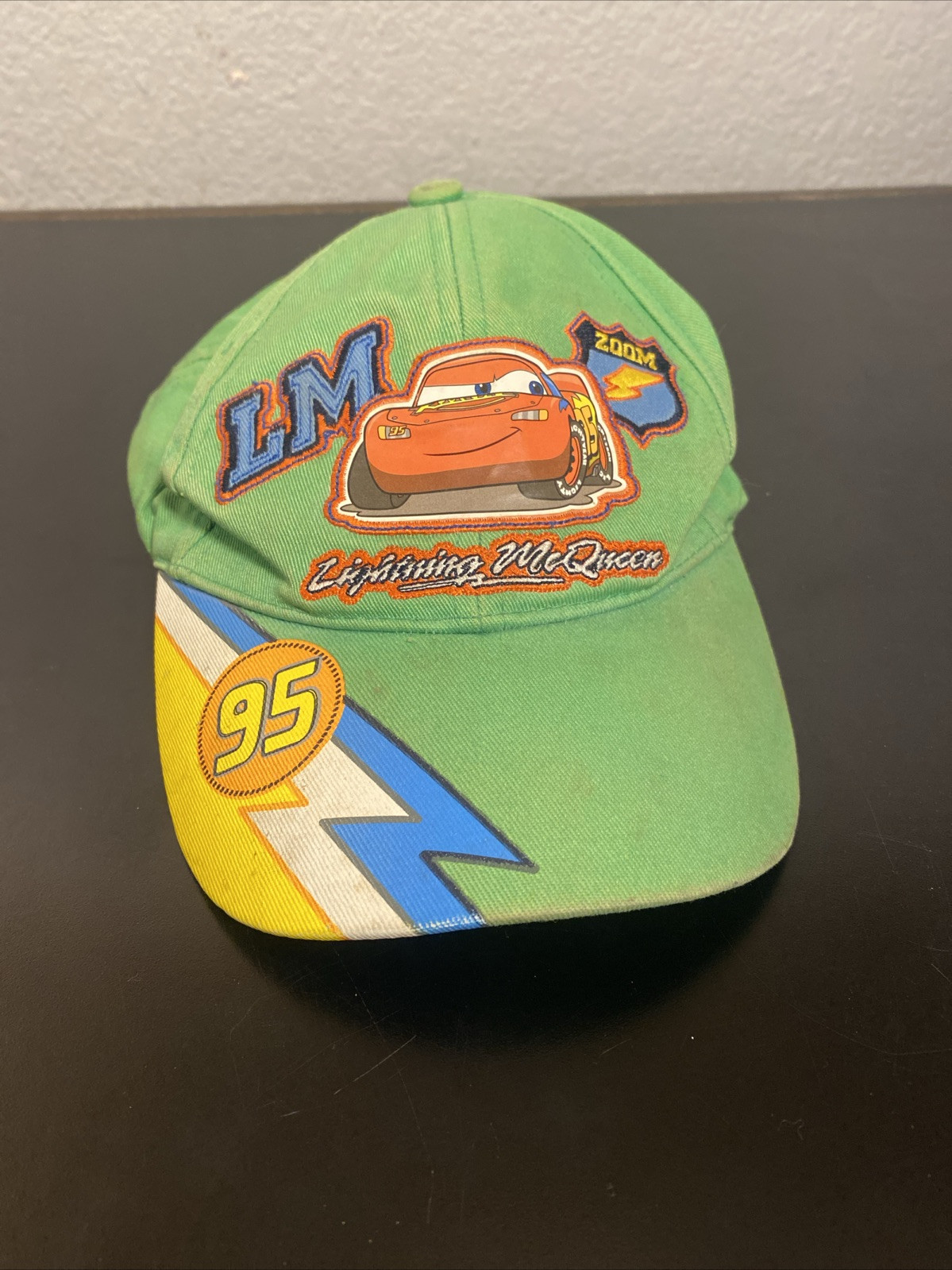 Vintage Toddler Boys Green Disney Lightning McQueen Embroidered Hat Hook loop