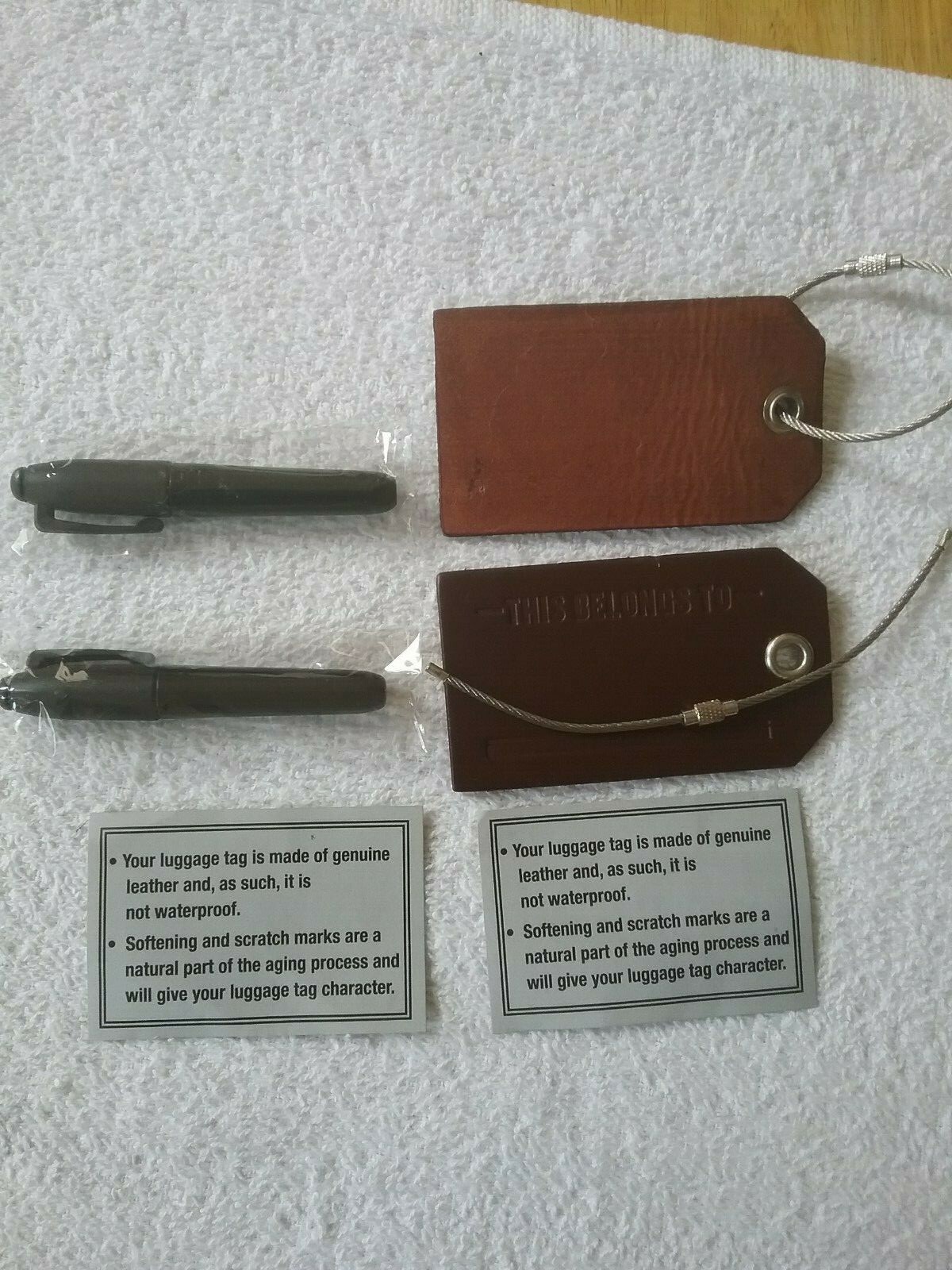 2 Dark Brown Leather Luggage Tag with Steel Strap and Marking Pens Brand New