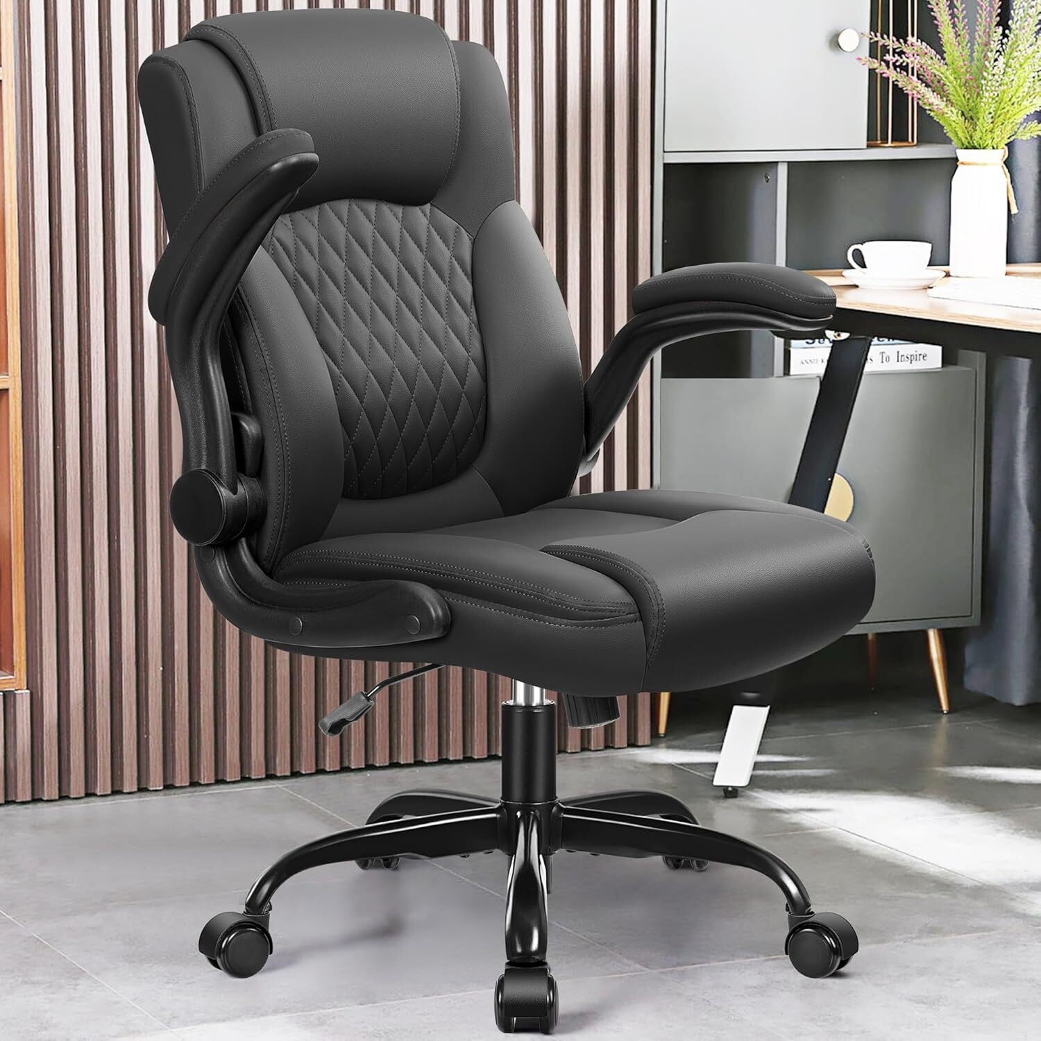 PU Home Computer Desk Chairs W/Ergonomic Back Support Wheels Adjustable Armrests