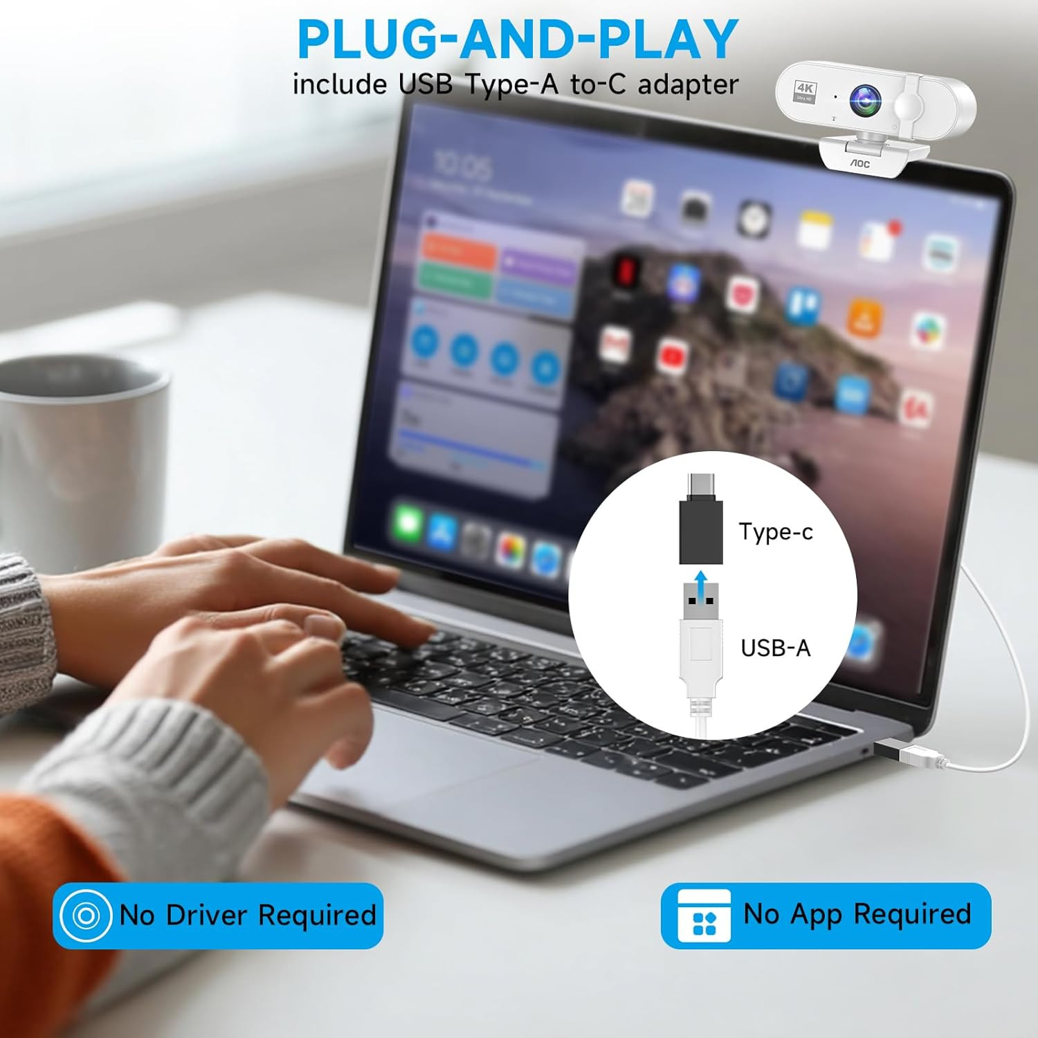 White 4K Webcam for PC with Microphone, Computer Camera with Noise