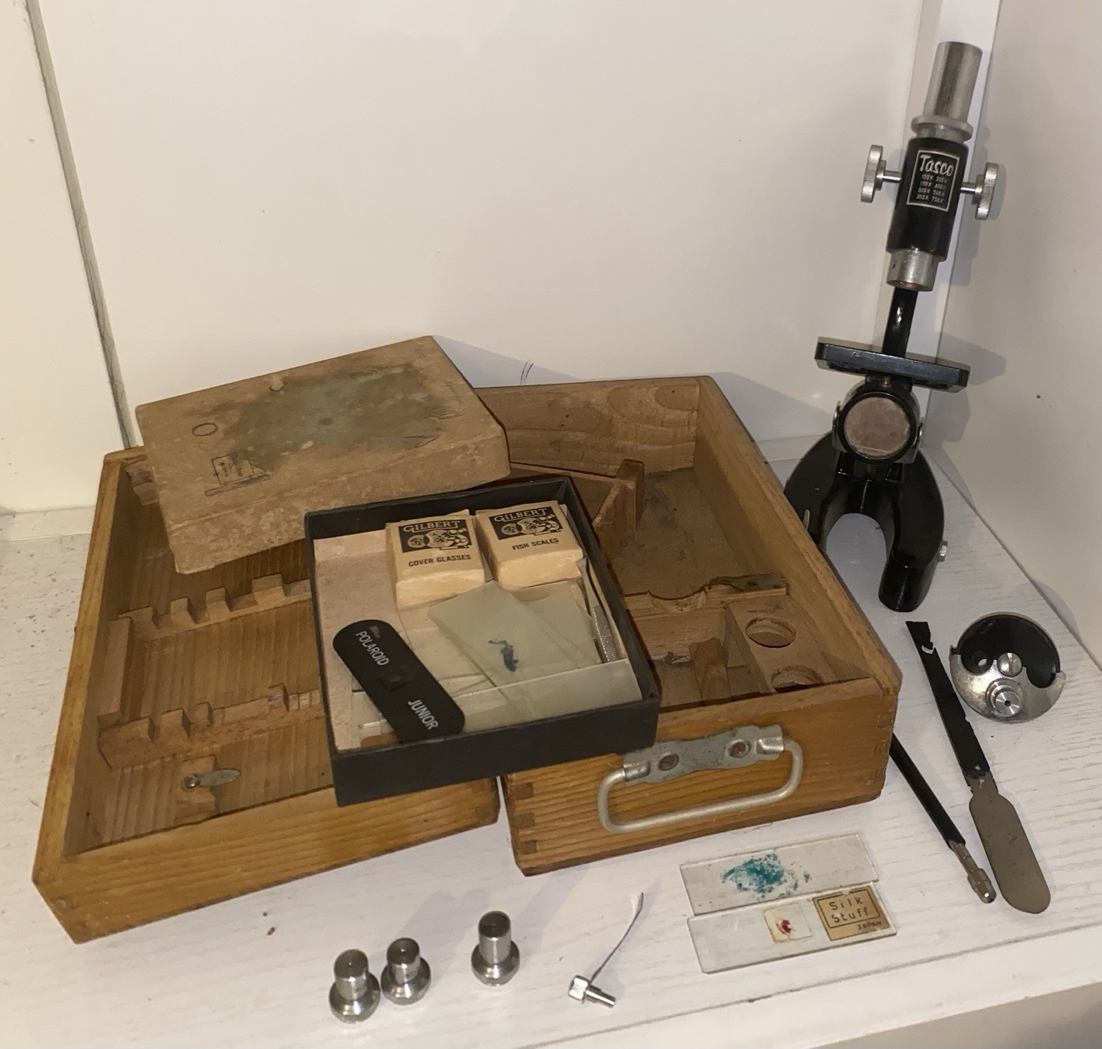 Vtg Tasco Deluxe Microscope Set Wood Box Slides Vintage