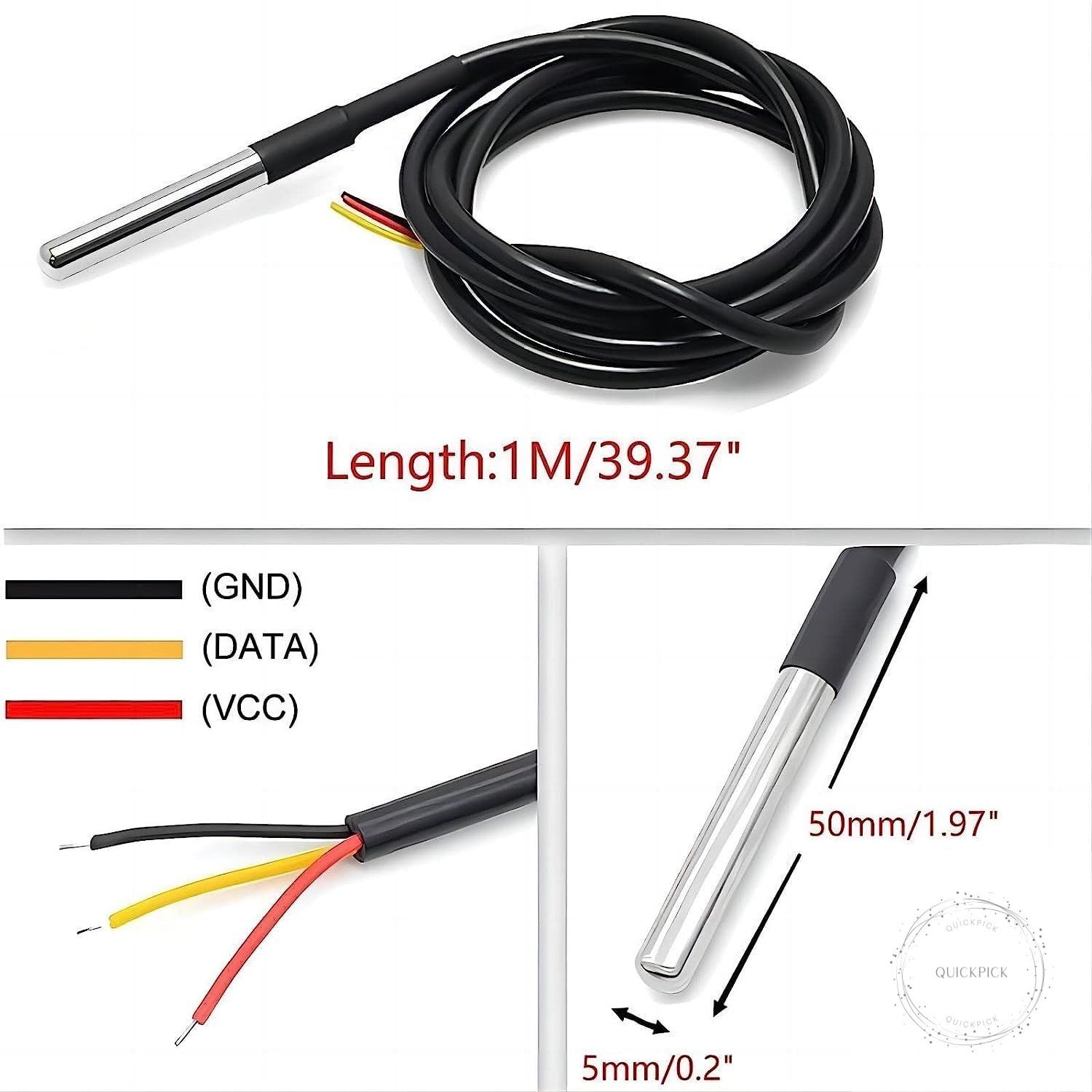 5 Pcs DS18B20 Temperature Sensor Probe High-Accuracy Waterproof Equipped