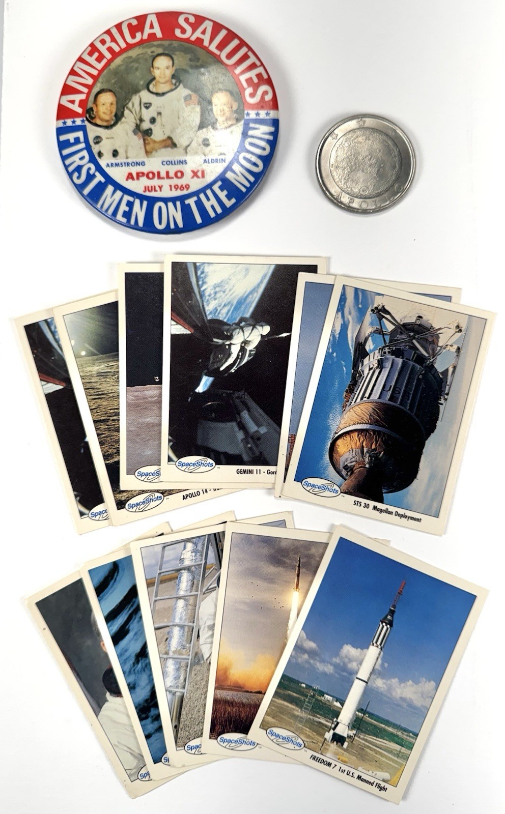 APOLLO X1 11 Moon Lunar Landing Pin & Coin Token plus 12 Space Shots Cards