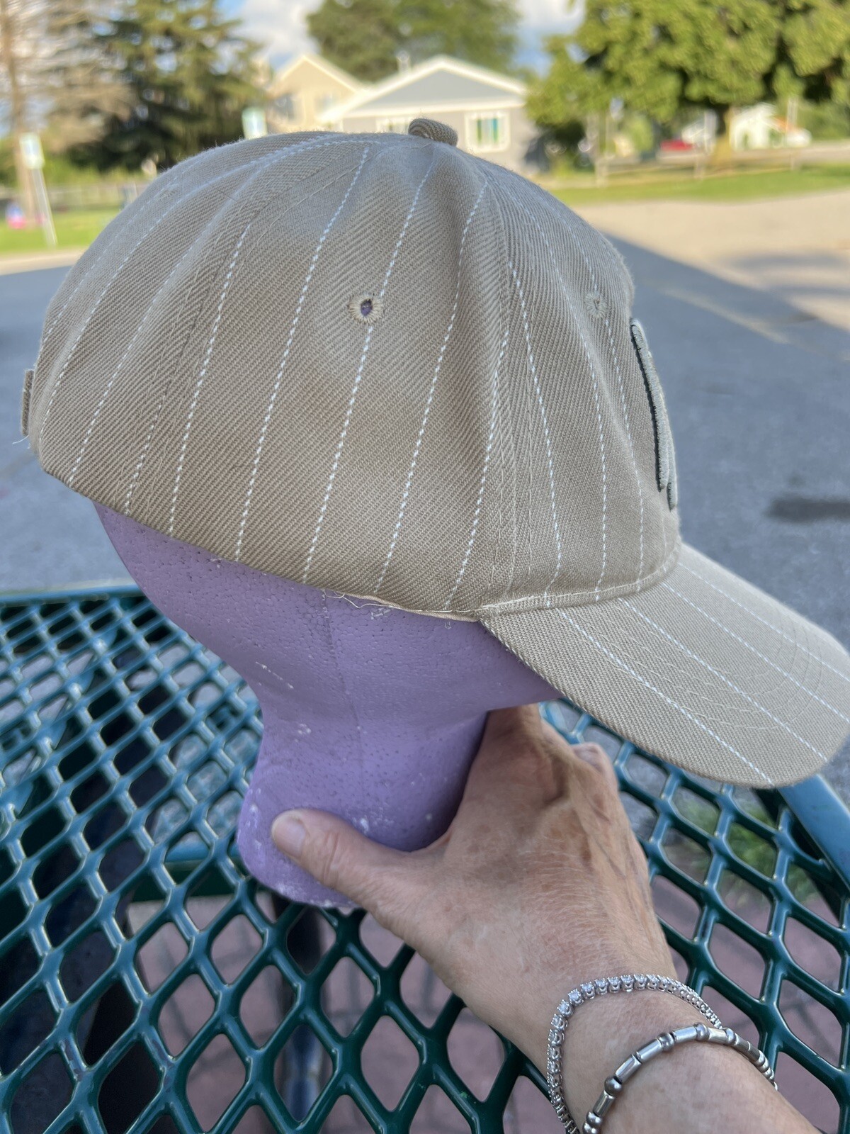Round Rock Express Tan Pin Stripe Hat/Cap Embroidered Adj Hook Loop 20% Wool EUC