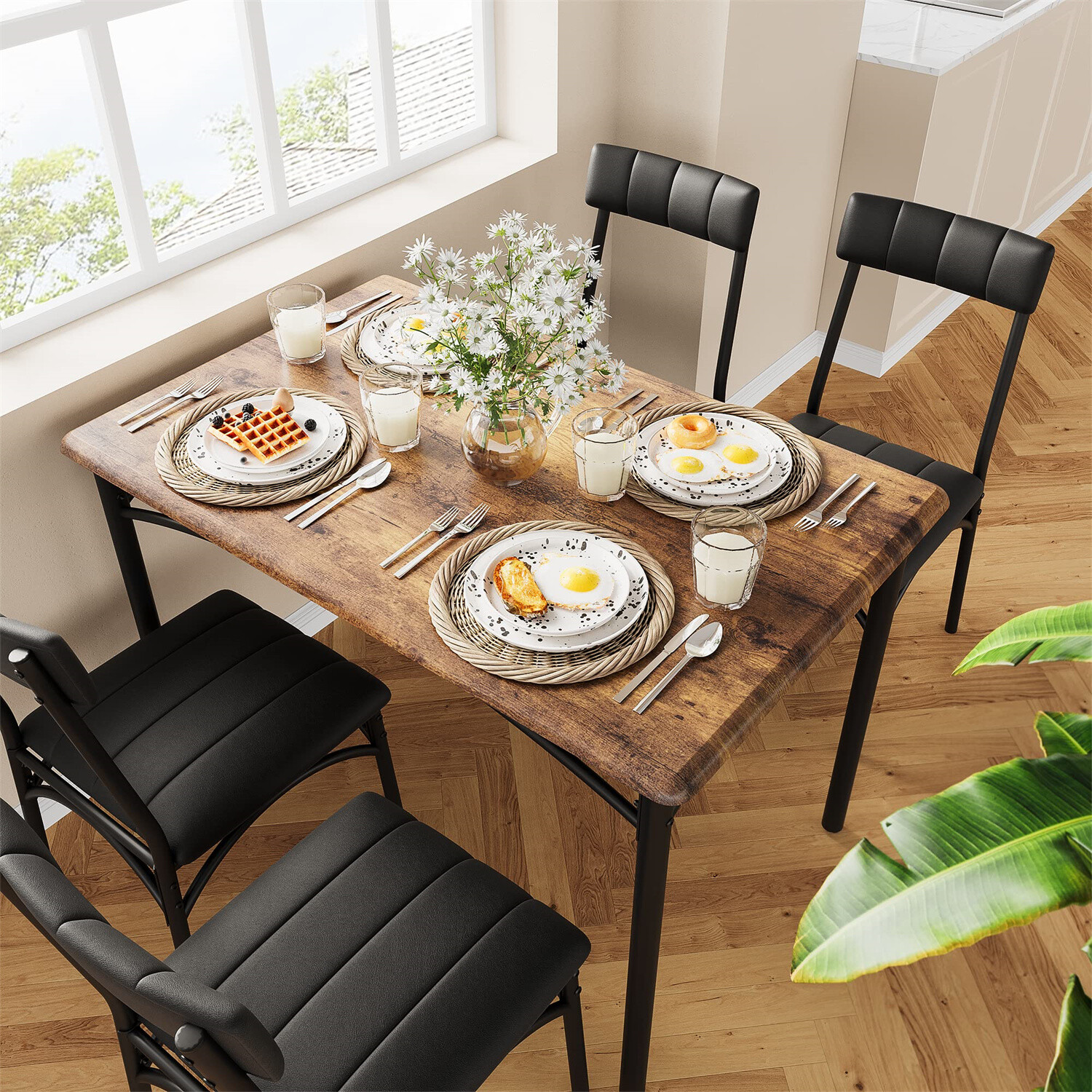 ✈️💒Dining Table Set for 4 Kitchen Table and Chairs Metal and Wood Upholstered C