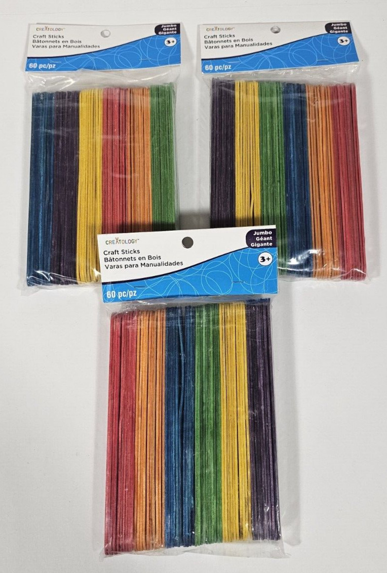 Lot of 3 Creatology Colored Craft Popsicle Sticks 60 pieces Per Pack NEW Sealed
