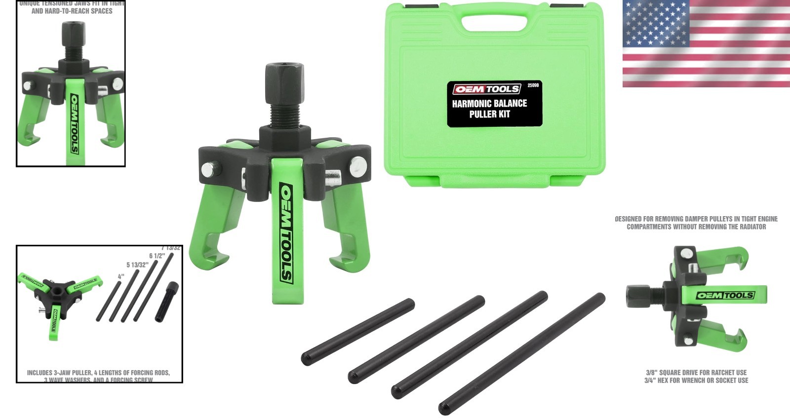 Adjustable Harmonic Balancer Puller Kit with 4 Forcing Rods - Hand Powered Tool