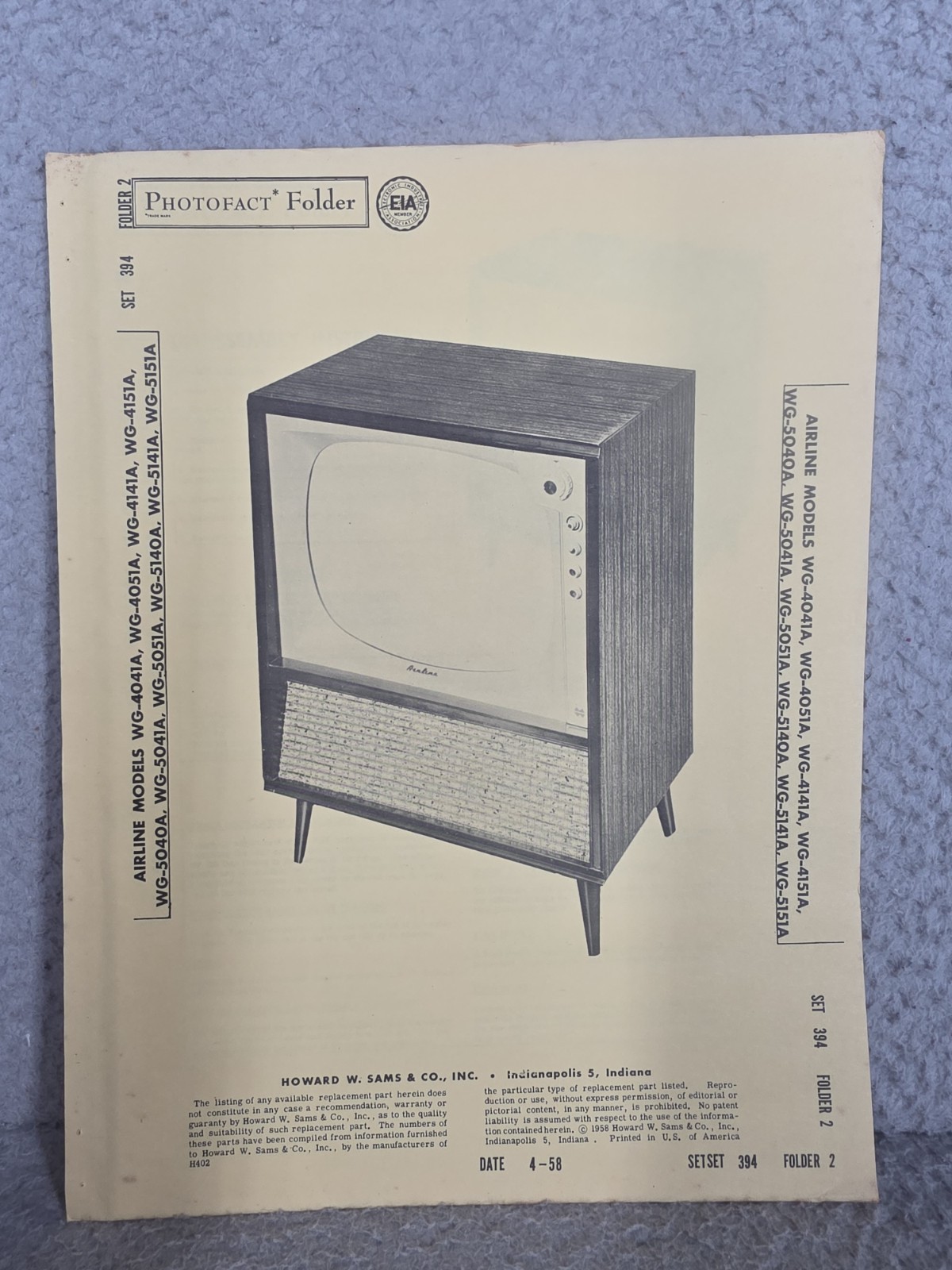 Airline Models WG-4041A - WG-5151A Sams Photofact Television Repair User Manual