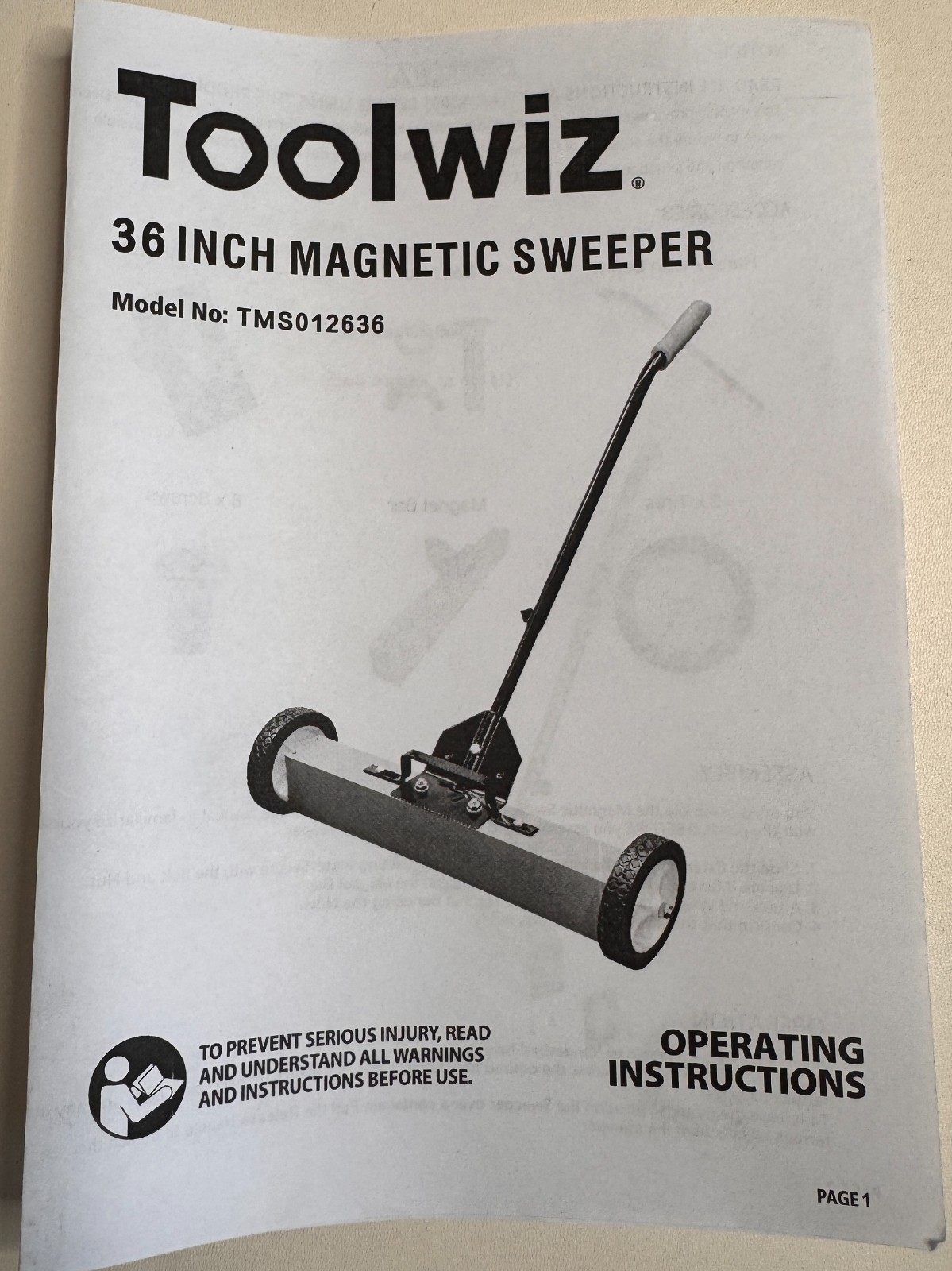 Toolwiz 36'' Magnetic Sweeper w/ Wheels, 50 Lb Capacity, TMS012636, Silver, NIB