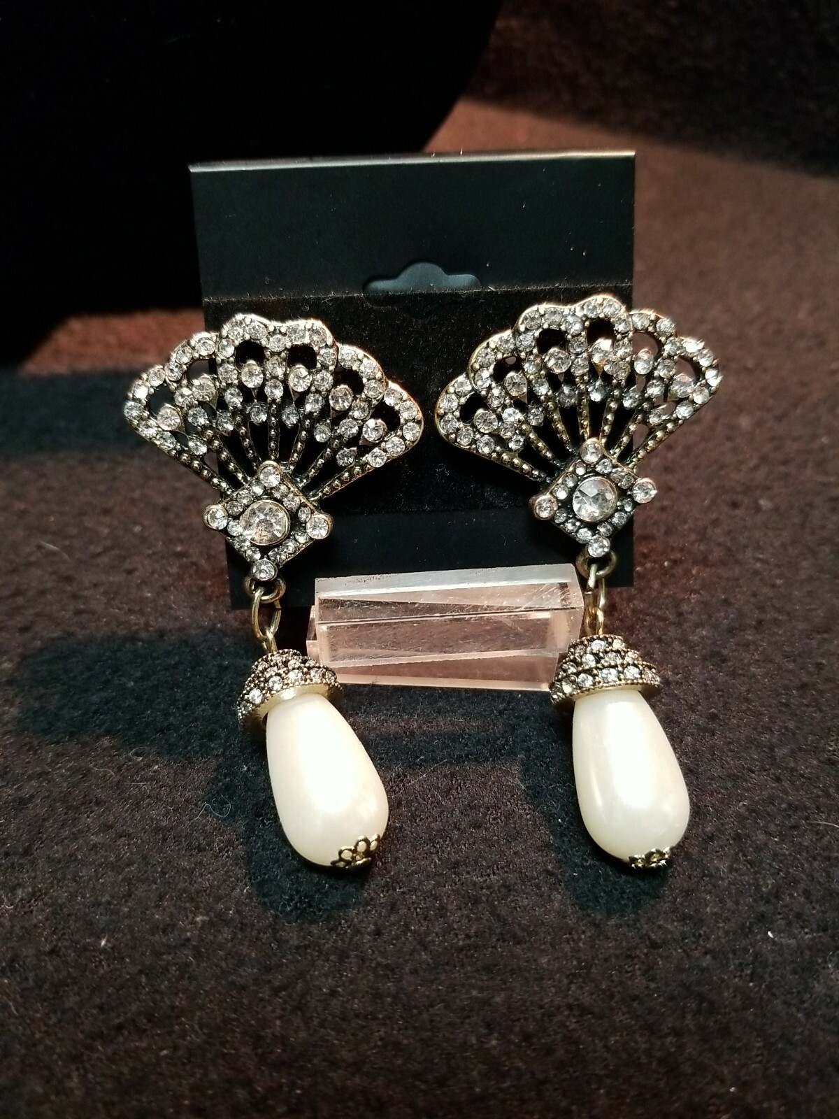 Elegant Rhinestones Fan Faux Pearl Drop Pierced Earrings