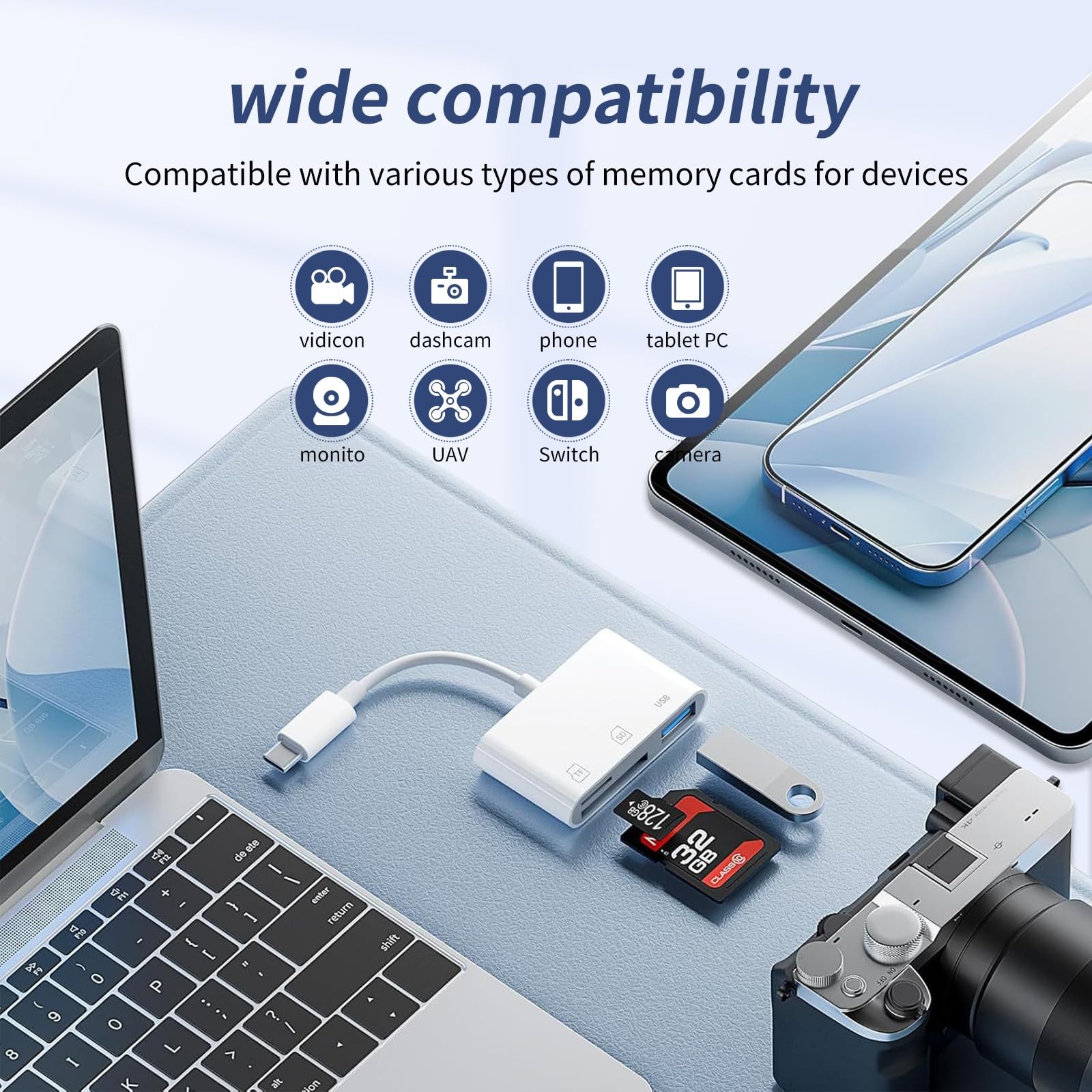 SD Card Reader,Micro Reader for Three Slots(SD+TF+CF USBC), white
