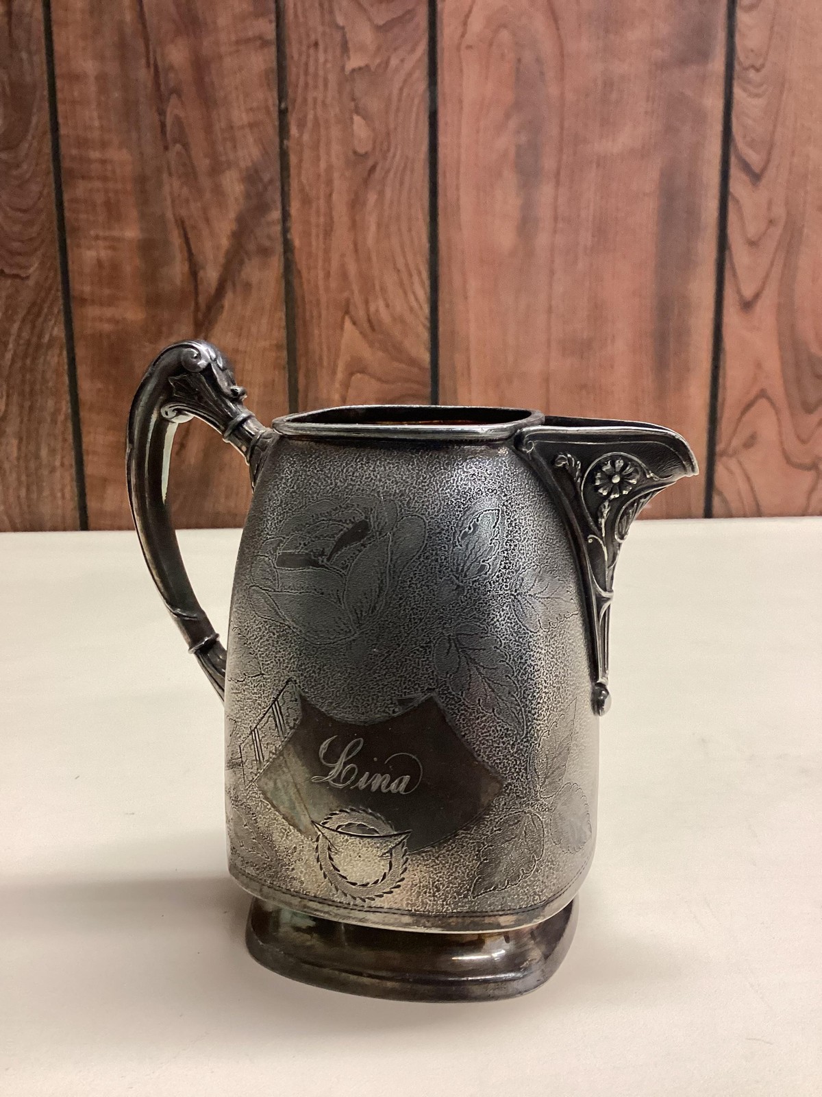 Vintage Reed & Barton Silverplate Milk Pitcher Lina Engraved Floral Etched USA