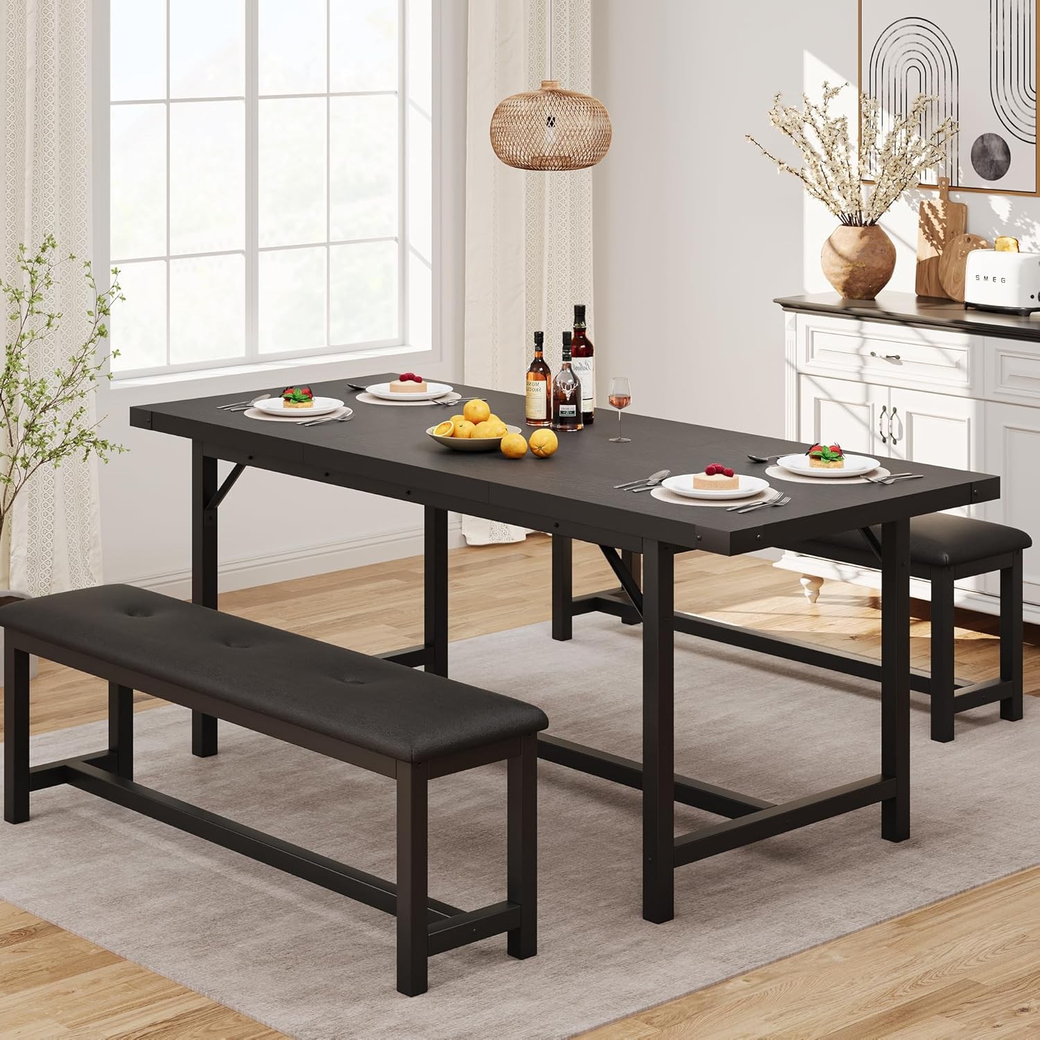 3PCS 63" Extendable Dining Table Set for 4-6 People Kitchen Table Set 2 Benches