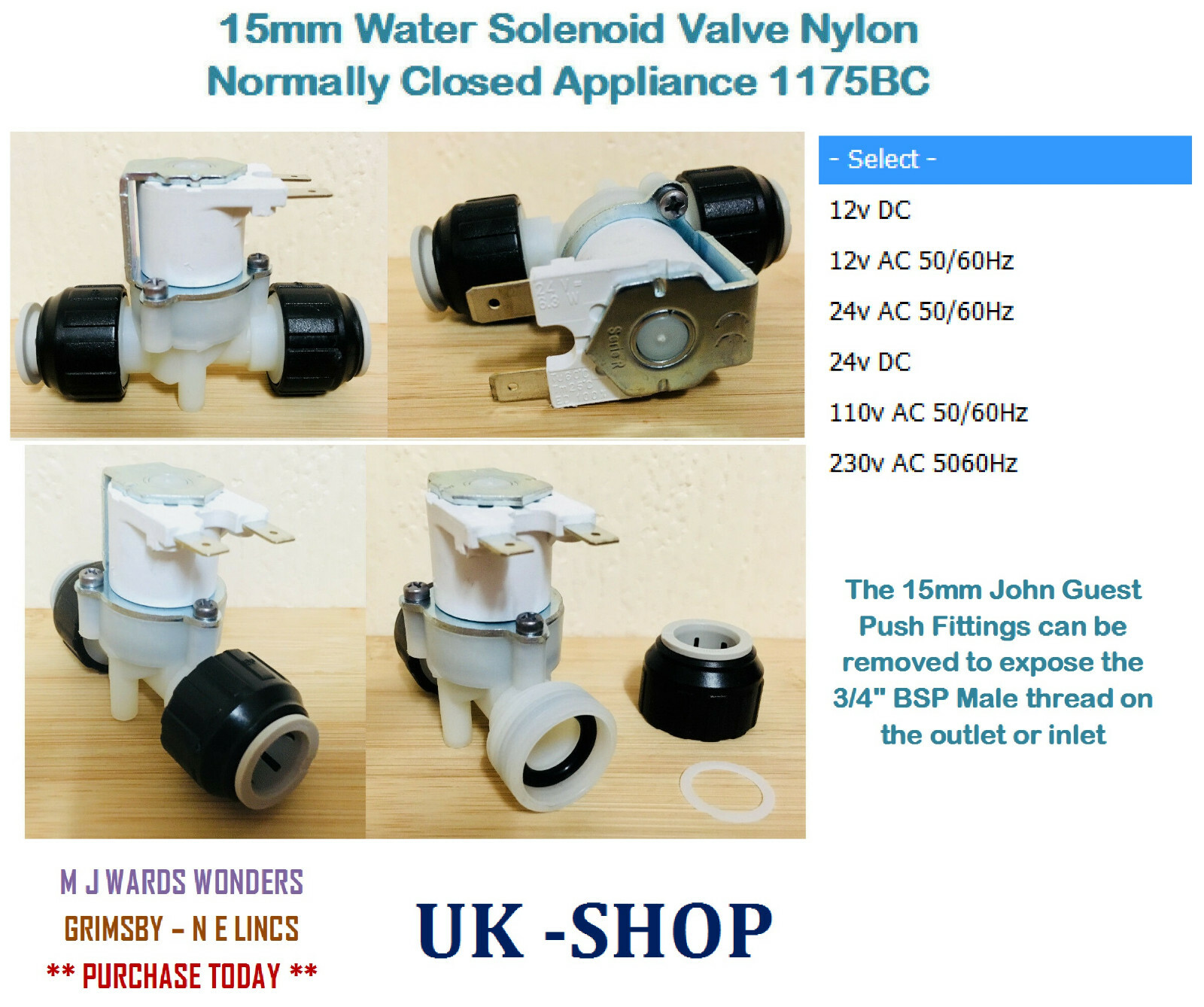 15mm Water Solenoid Valve Nylon Normally Closed Appliance 1175BC