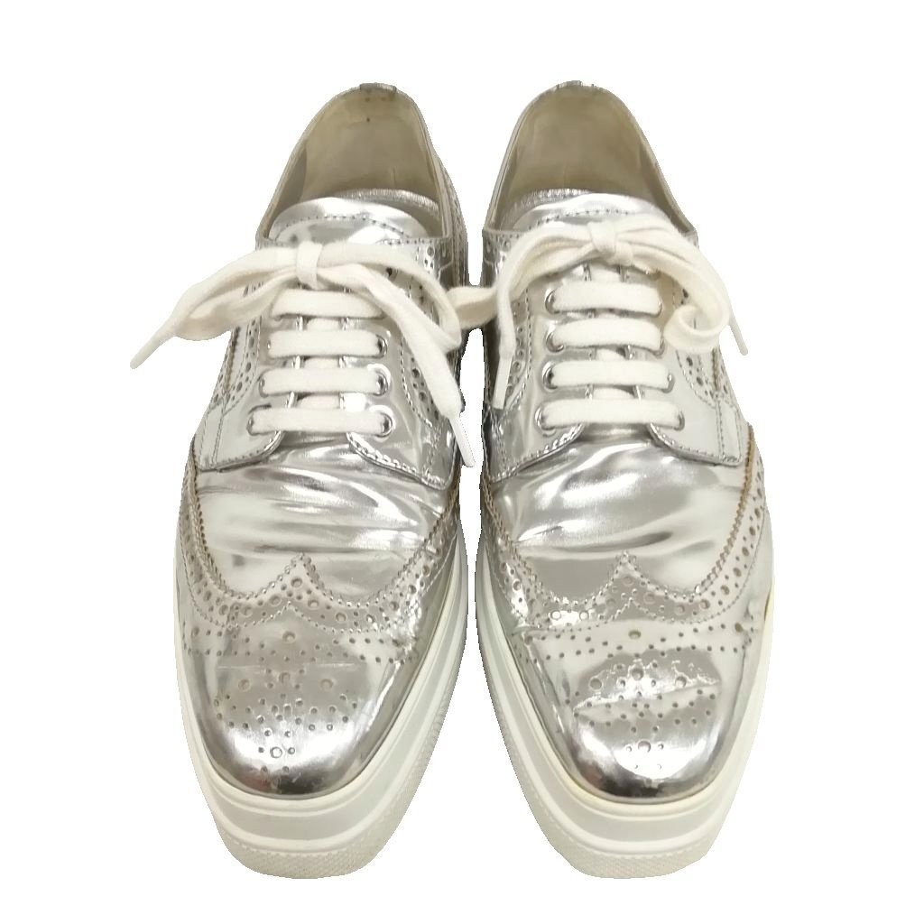 Prada Wingtip Leather Sneakers Platform Silver Women's Size EU38.5/US8.5