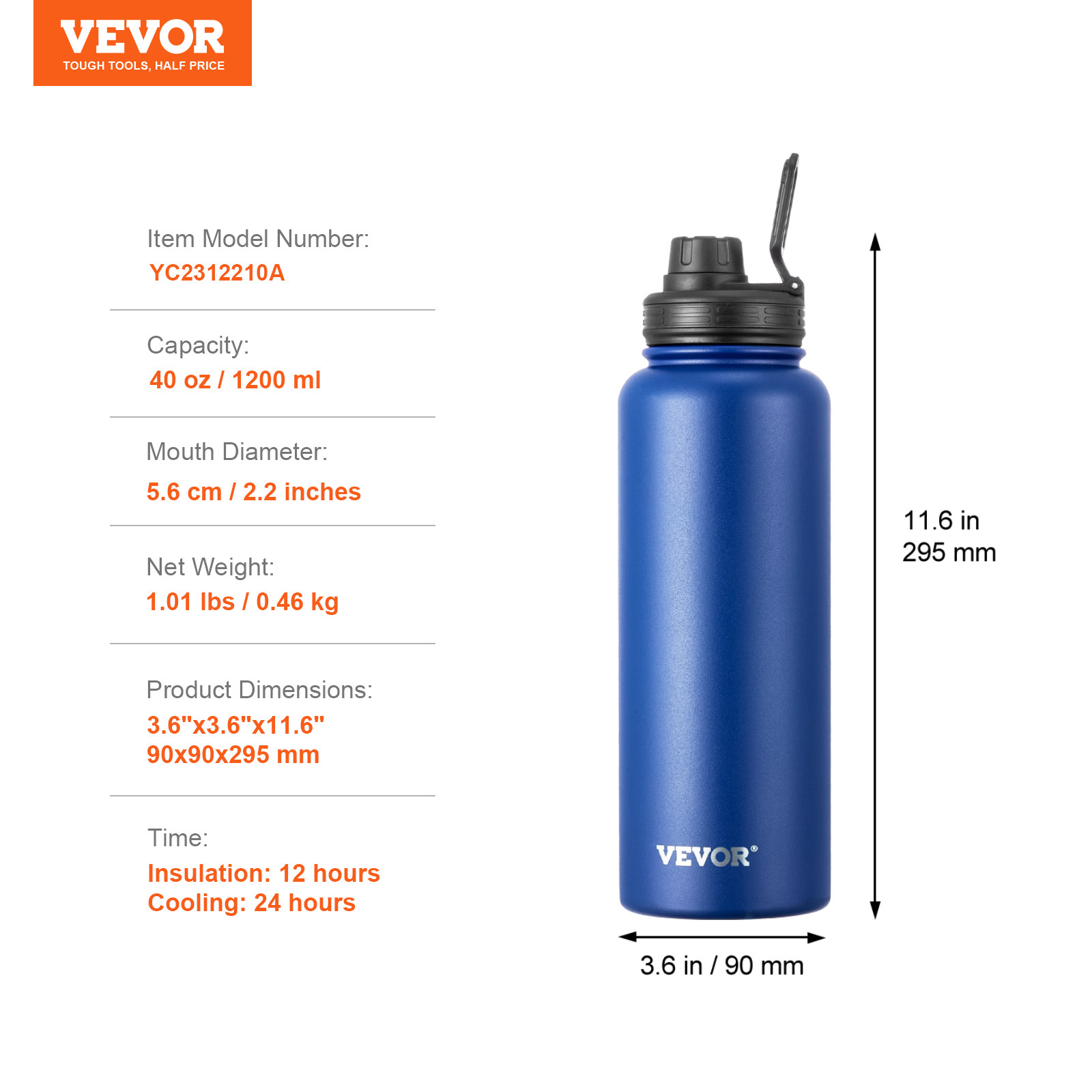 VEVOR 40 oz Insulated Water Bottle Stainless Steel with Wide Mouth Lid Blue