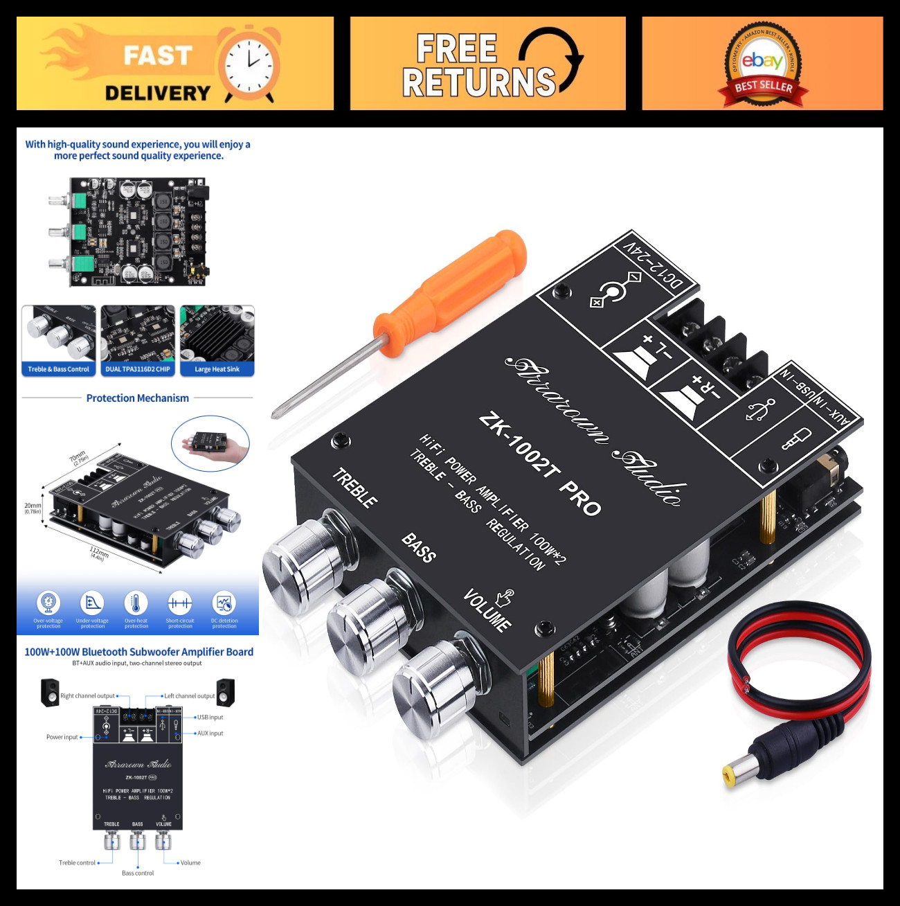 200W Bluetooth 5.0 Amplifier Board, HiFi 2.0 Channel Stereo AMP, USB/AUX Inputs,