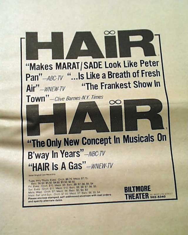 GRATEFUL DEAD Band Music Concert & HAIR Musical Opening Week AD 1968 Newspaper