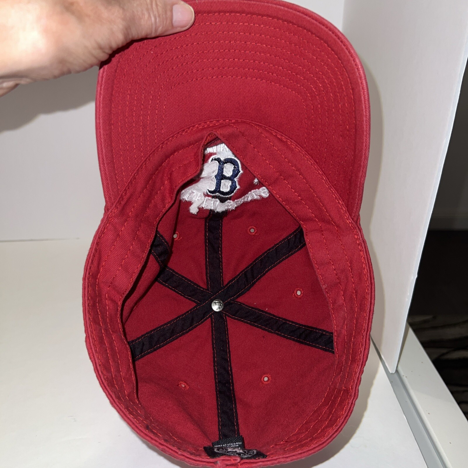 Boston Red Sox Script B Navy on Red Hat Cap Size Medium Fitted 2013 Championship