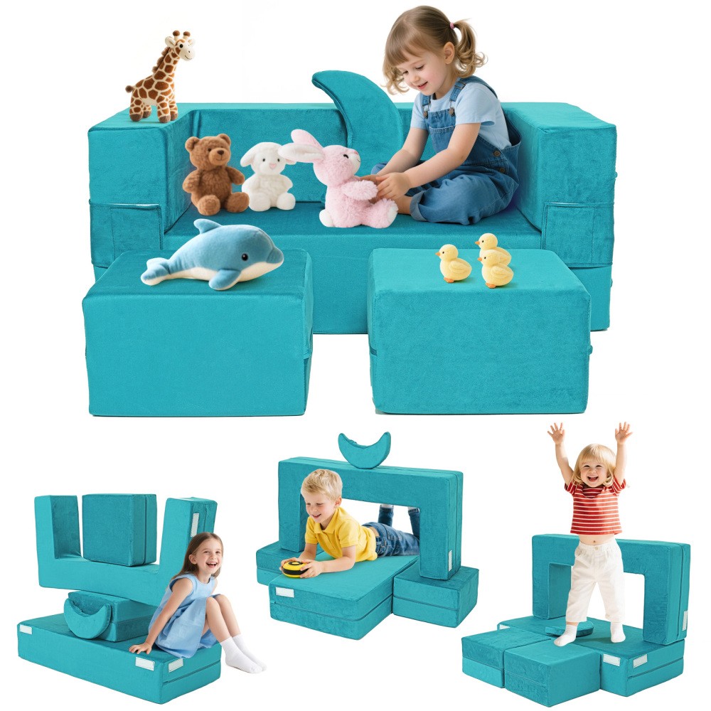 Kids Modular Play Couch, Foldable Velvet Foam Sofa & Convertible Toddler Fort