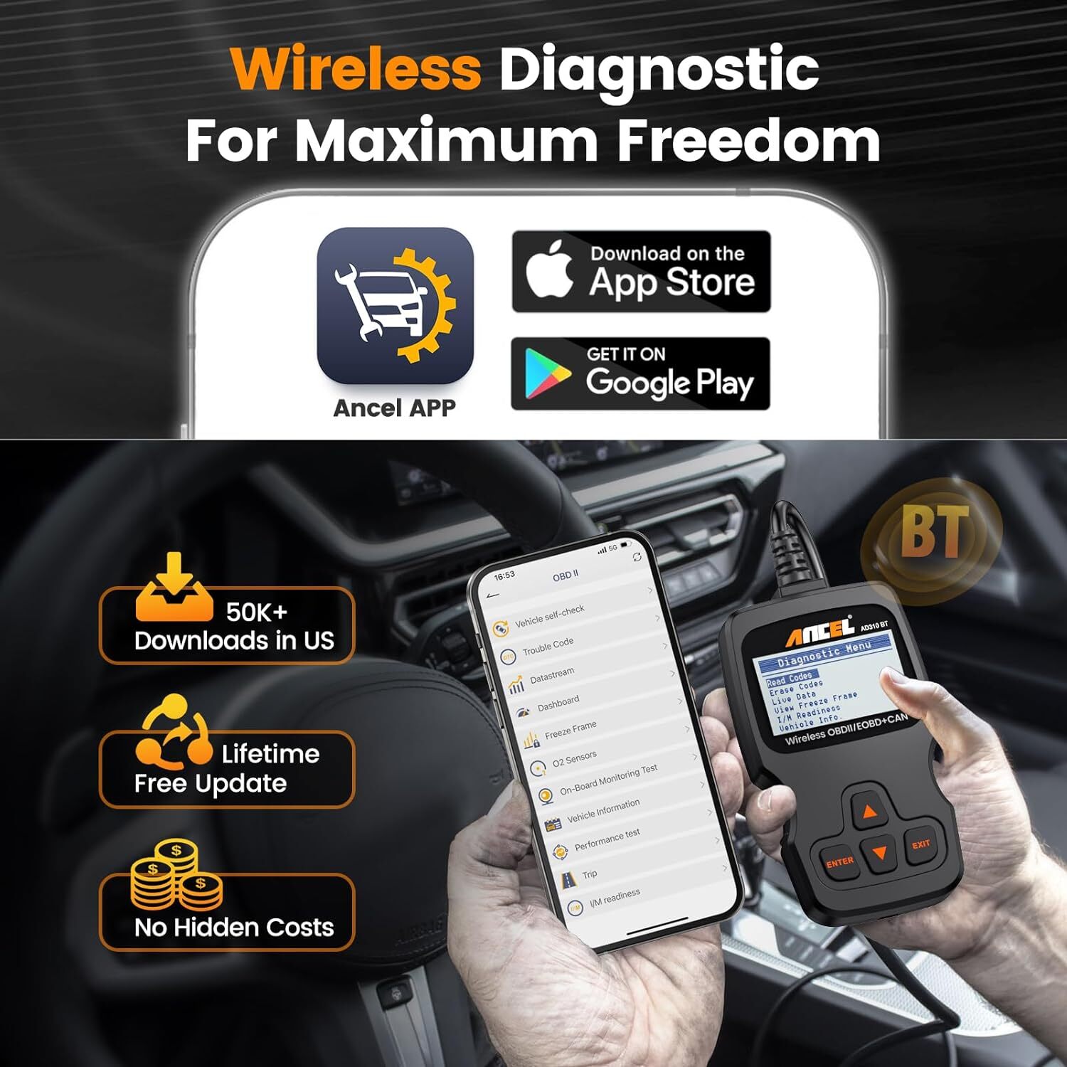 ANCEL AD310 BT OBD2 Scanner Bluetooth Code Reader Engine Check for iOS & Android