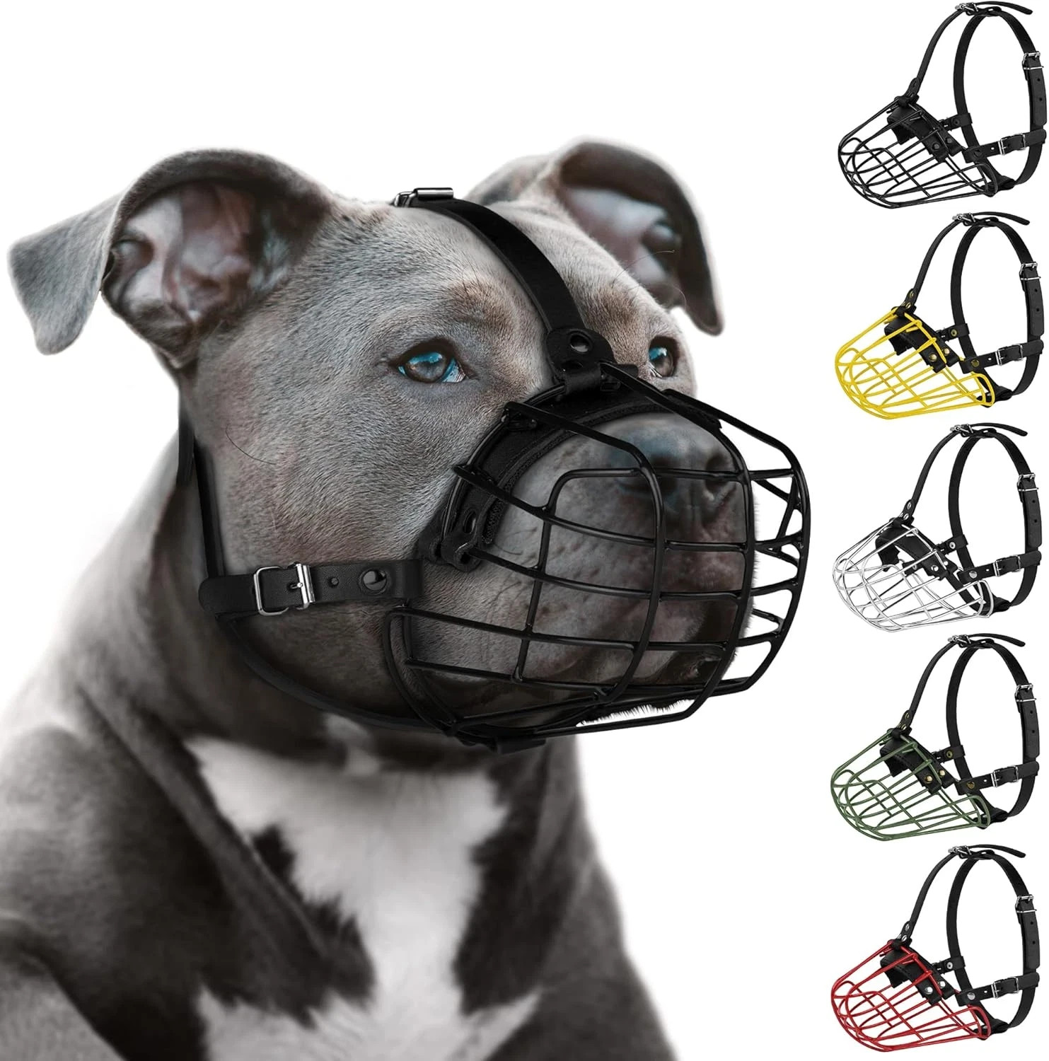 Pitbull Dog Muzzle Metal Mask Amstaff Secure Wire Basket Adjustable Durable Leat
