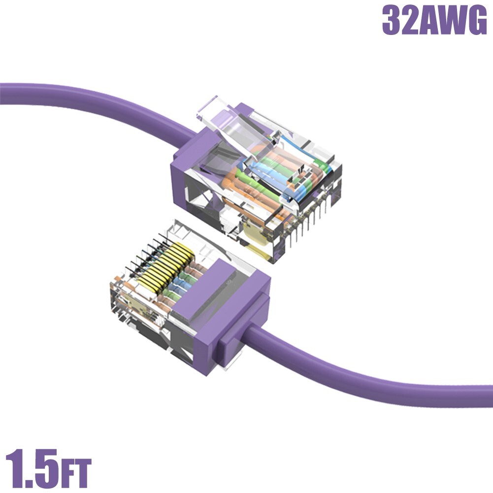 1.5FT Cat6A RJ45 Super Slim Network LAN Ethernet UTP Patch Cable 32AWG Purple